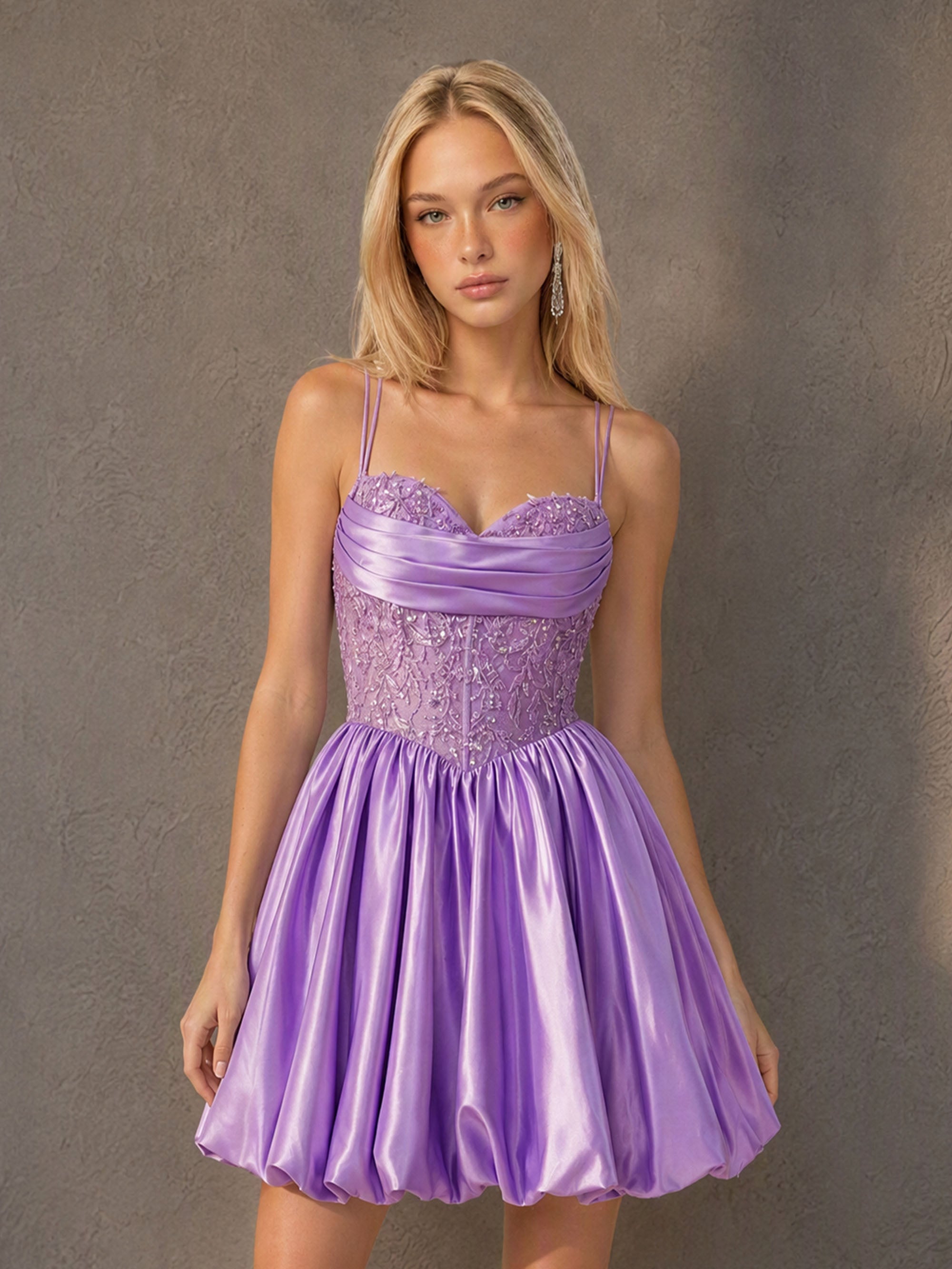 BOLODOO BD0518 Purple Satin Corset Mini Dress - Back View showing open back design and double spaghetti straps
