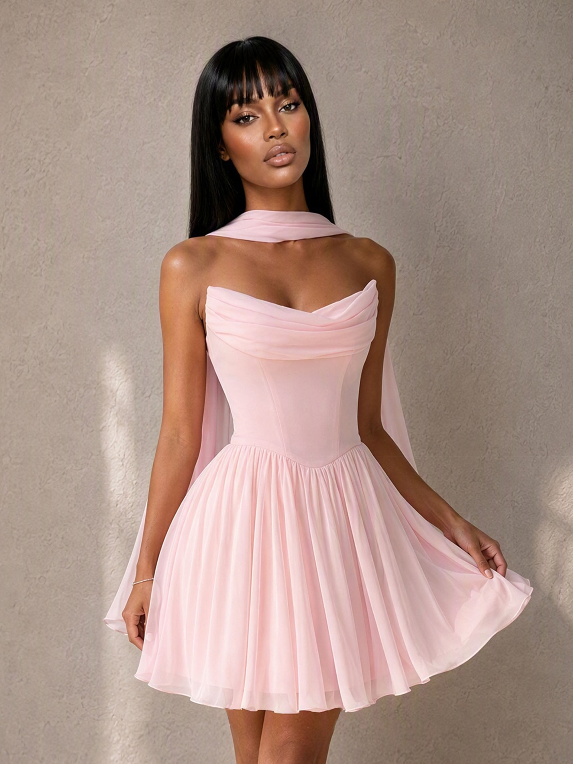 BOLODOO BD0523 Pink Chiffon Strapless Corset Mini Dress with Scarf - Front View Smiling