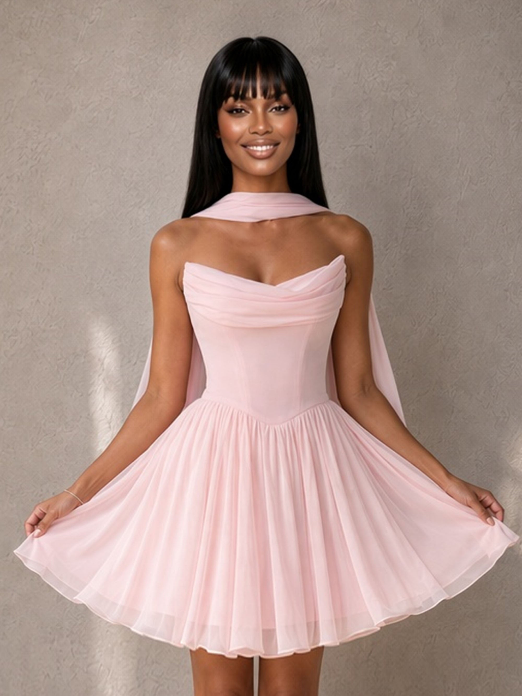 BOLODOO BD0523 Pink Chiffon Strapless Corset Mini Dress with Scarf - Open Back Detail