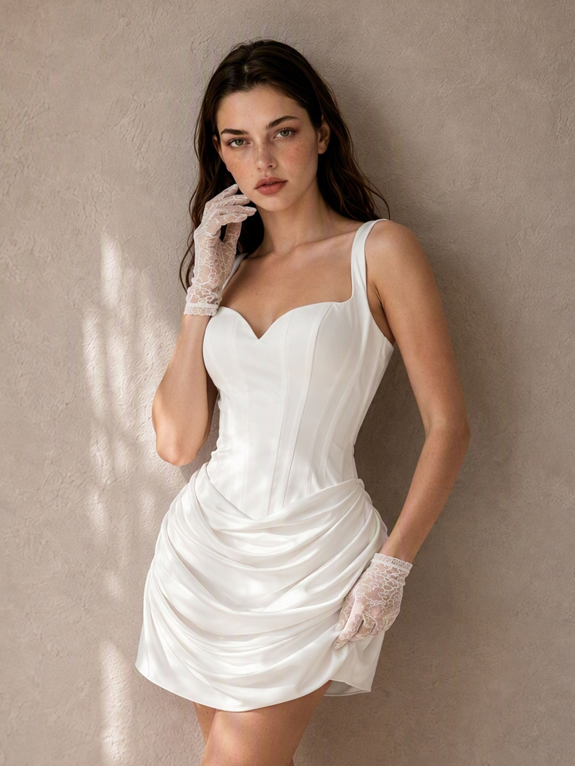BOLODOO BD0524 White Satin Corset Mini Dress - Front View Hand to Face