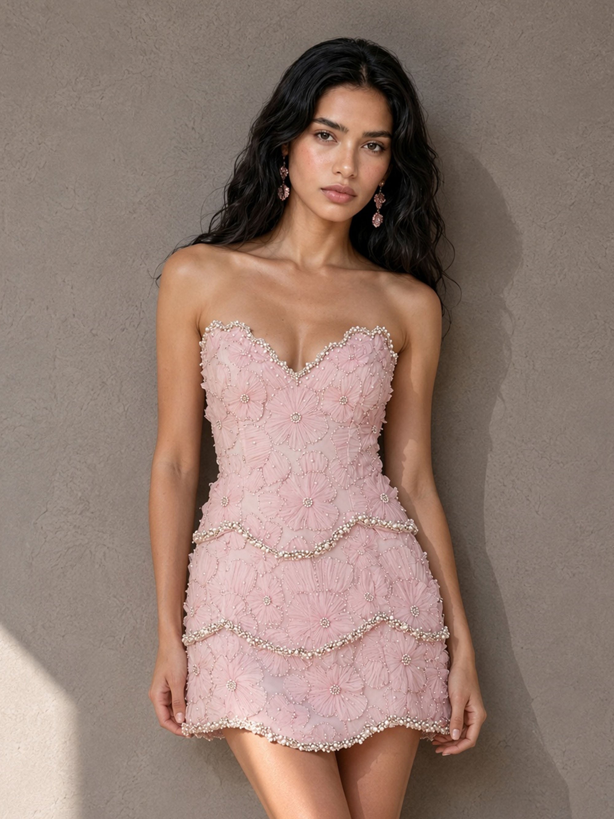 BOLODOO BD0526 Blush Pink Pearl Beaded Floral Lace Strapless Sweetheart Corset Tiered Mini Dress - Front Detail