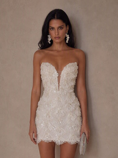 BOLODOO BD0529 White Sequin 3D Feather Fringe Strapless Deep V Bodycon Mini Dress - Front Full Length