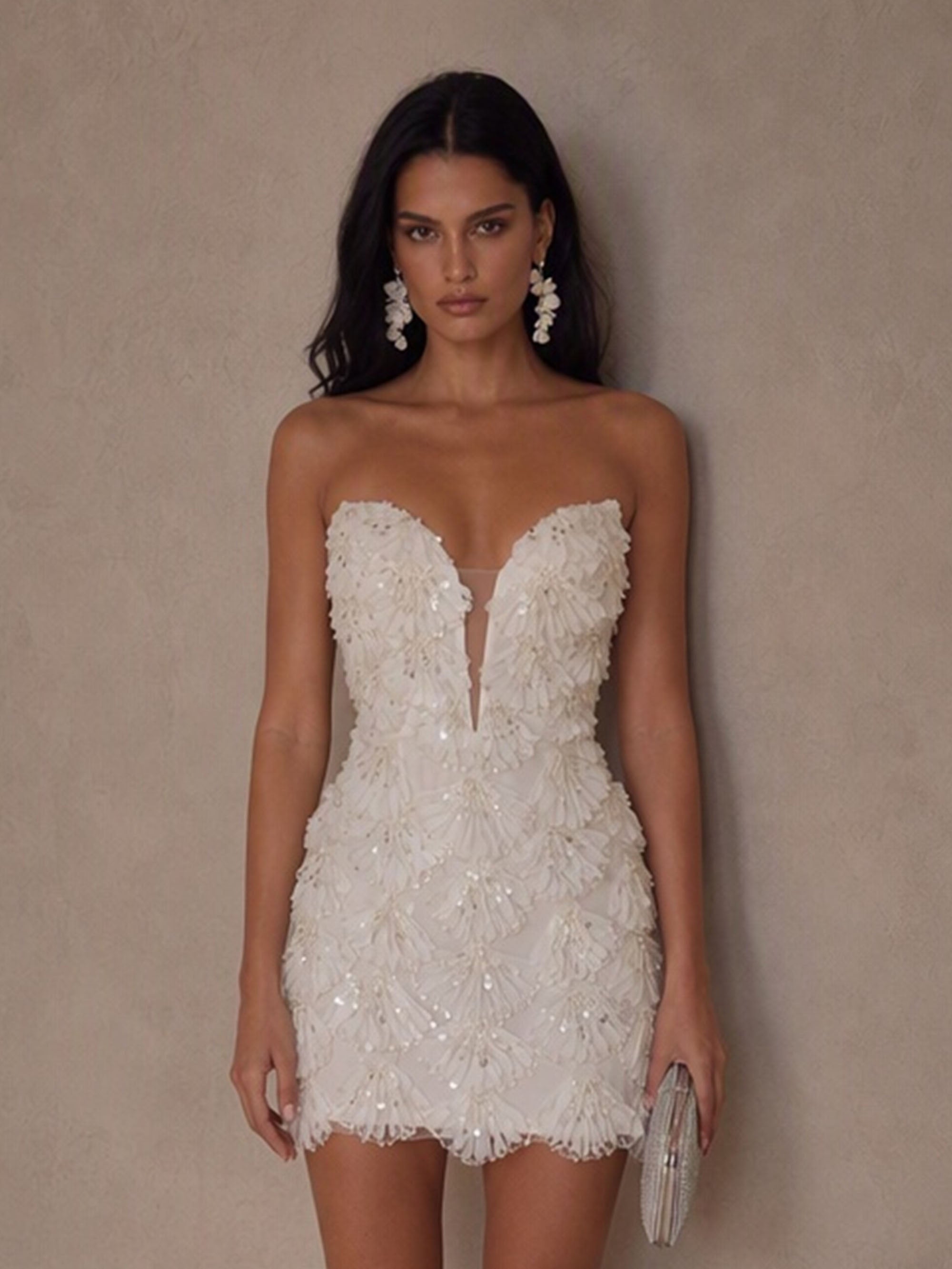 BOLODOO BD0529 White Sequin 3D Feather Fringe Strapless Deep V Bodycon Mini Dress - Front Full Length