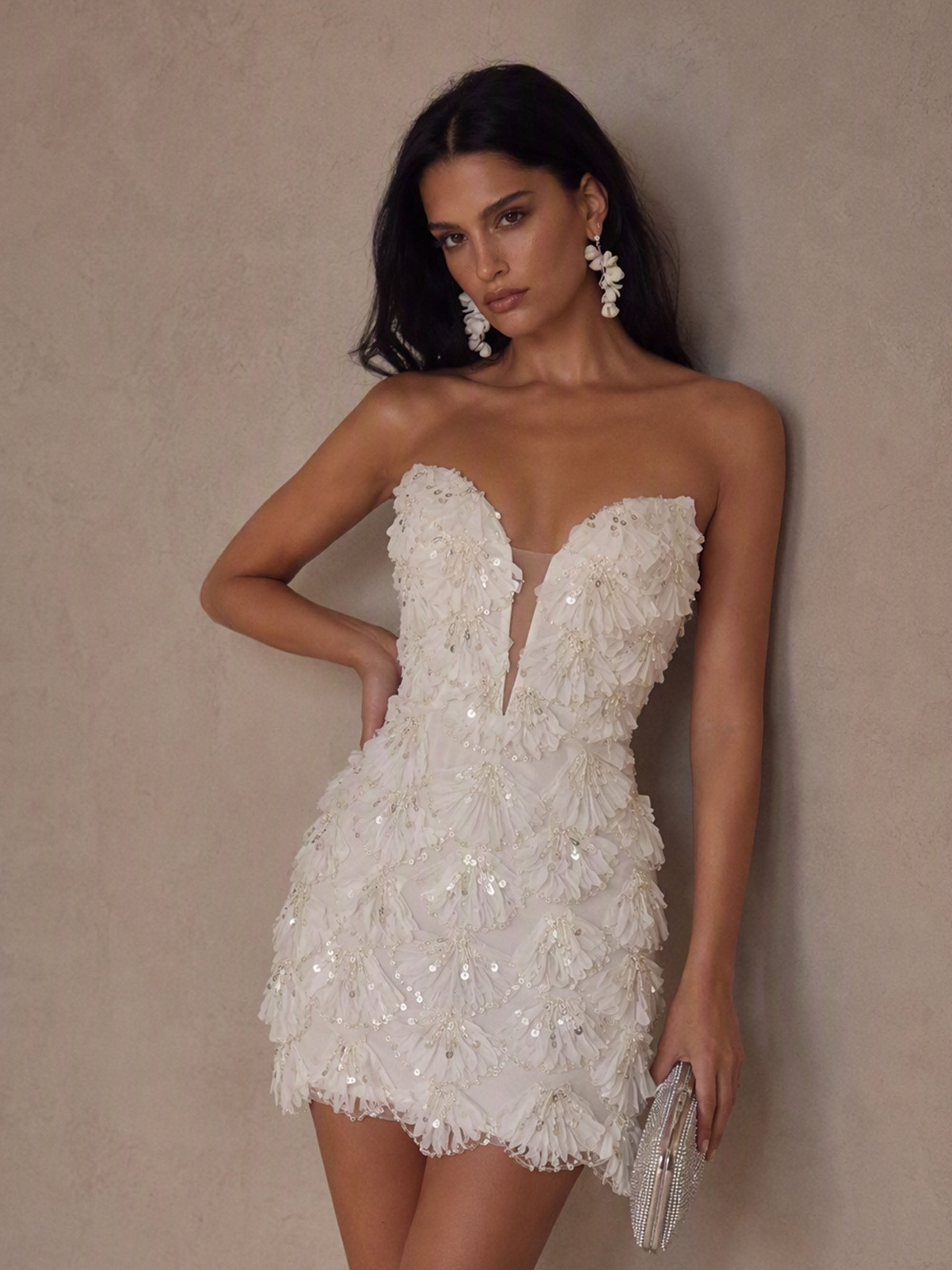 BOLODOO BD0529 White Sequin 3D Feather Fringe Strapless Deep V Bodycon Mini Dress - Front Three Quarter