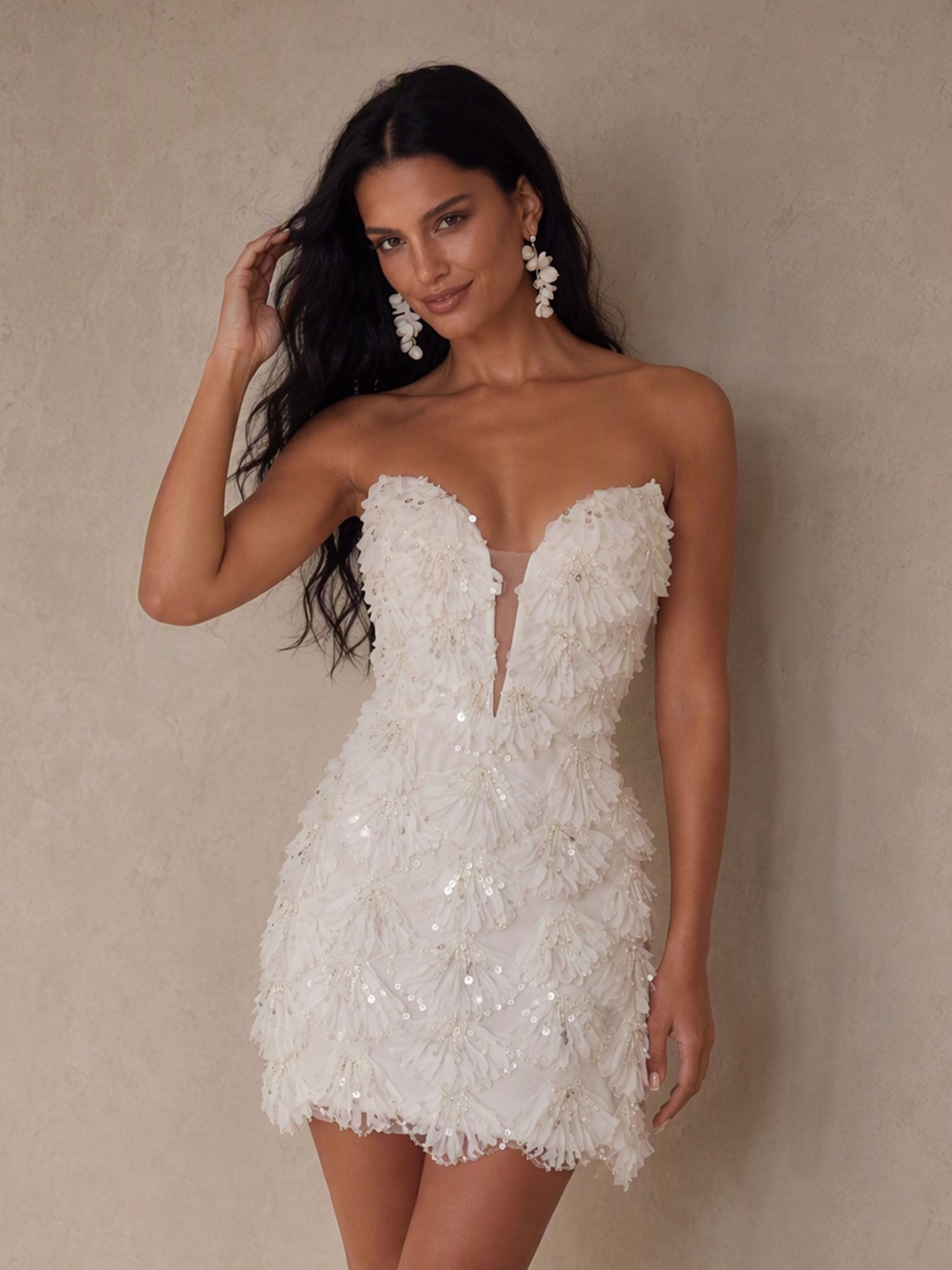 BOLODOO BD0529 White Sequin 3D Feather Fringe Strapless Deep V Bodycon Mini Dress - Front Smiling