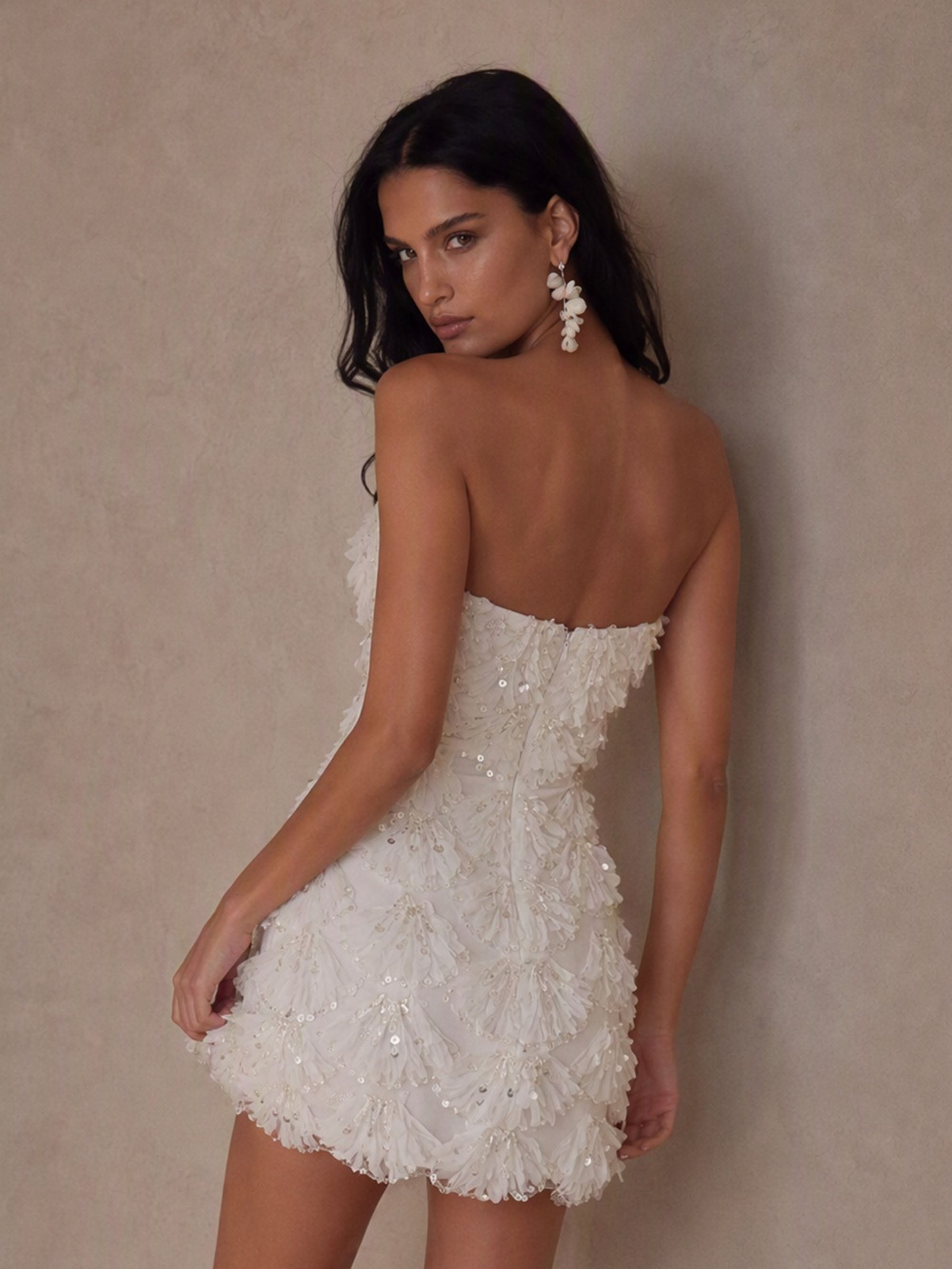 BOLODOO BD0529 White Sequin 3D Feather Fringe Strapless Deep V Bodycon Mini Dress - Back Open View