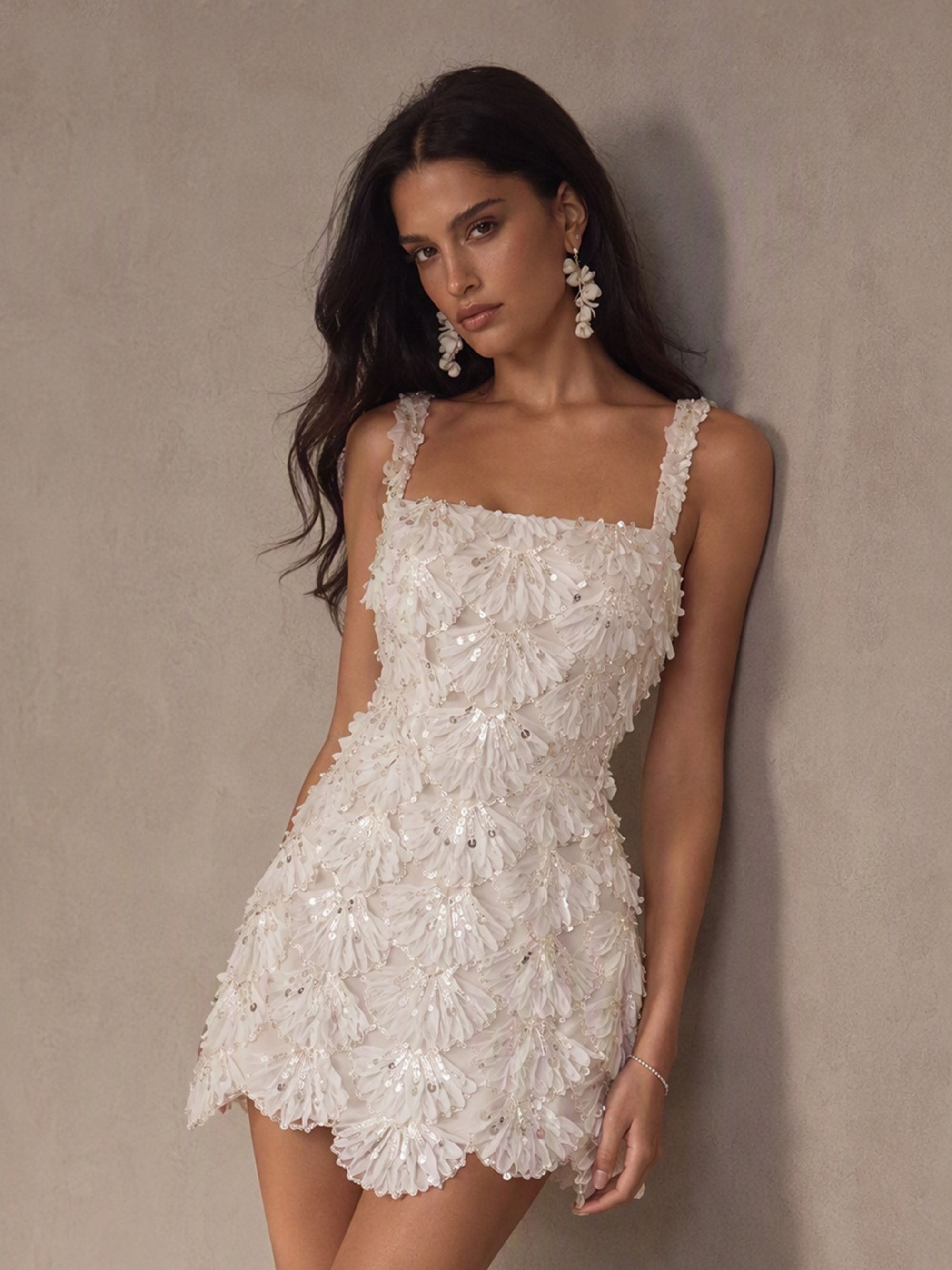 BOLODOO BD0530 White Iridescent Sequin 3D Petal Appliqué Square Neck Spaghetti Strap Bodycon Mini Dress - Front Three Quarter View