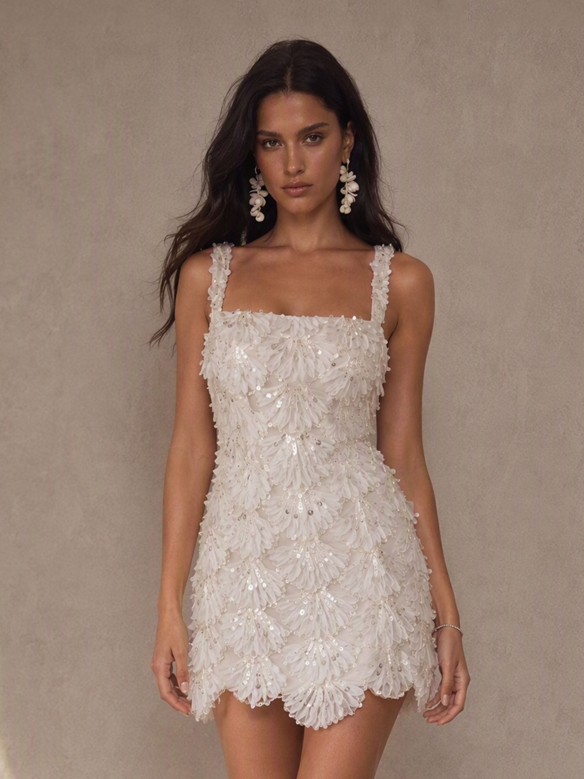 BOLODOO BD0530 White Iridescent Sequin 3D Petal Appliqué Square Neck Spaghetti Strap Bodycon Mini Dress - Front Full Length