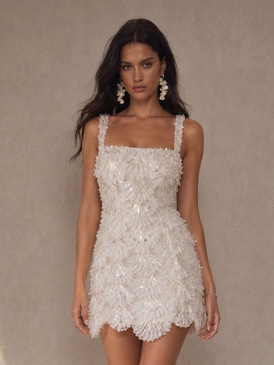 BOLODOO BD0530 White Iridescent Sequin 3D Petal Appliqué Square Neck Spaghetti Strap Bodycon Mini Dress - Front Full Length