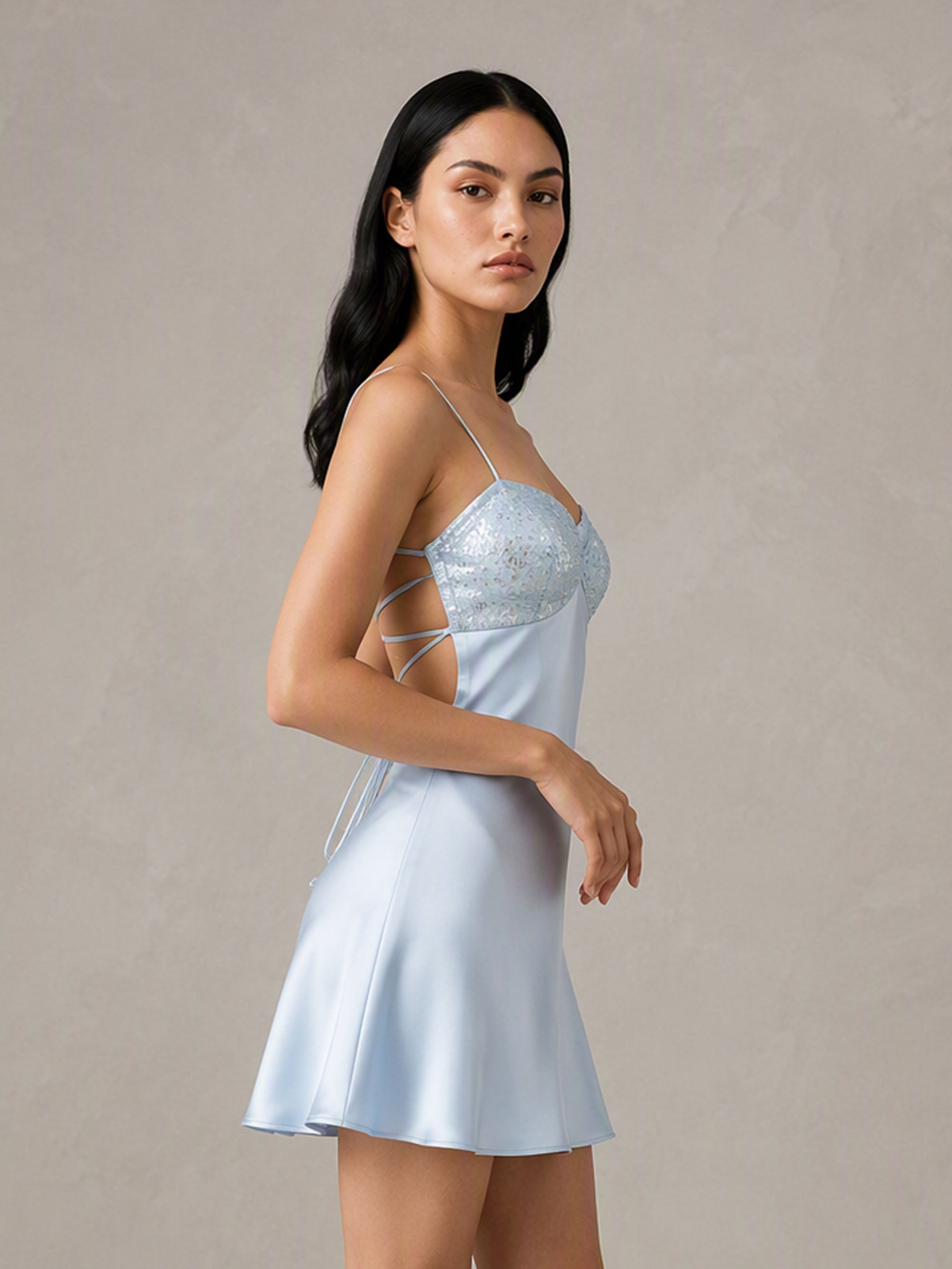 BOLODOO Light Blue Sequin Bustier Sweetheart Satin Spaghetti Strap Open Back Mini Dress – Side & Back View