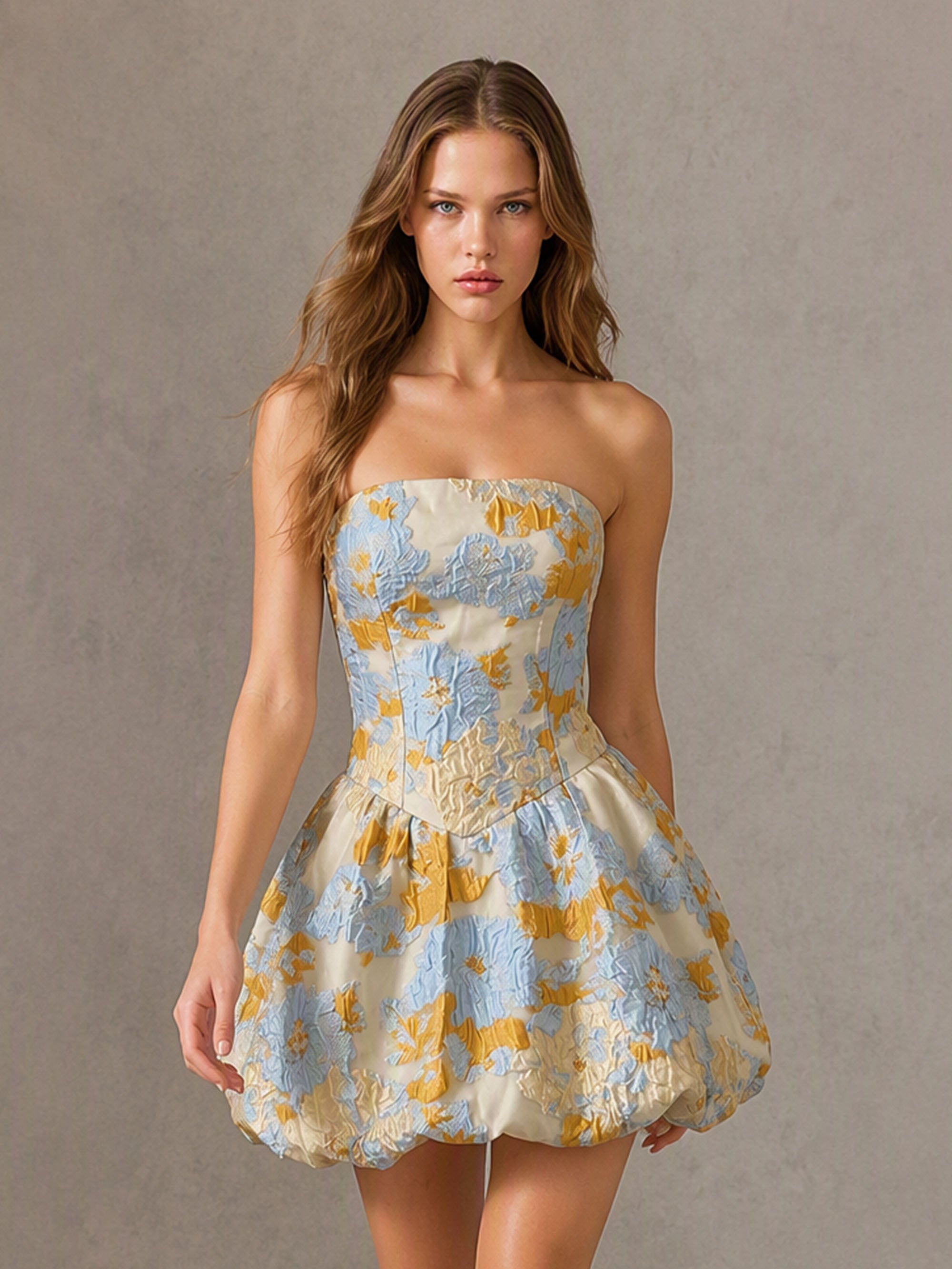 BOLODOO Blue Yellow Floral Jacquard Strapless Corset Bubble Mini Dress – Homecoming, Cocktail & Garden Party Dress 
