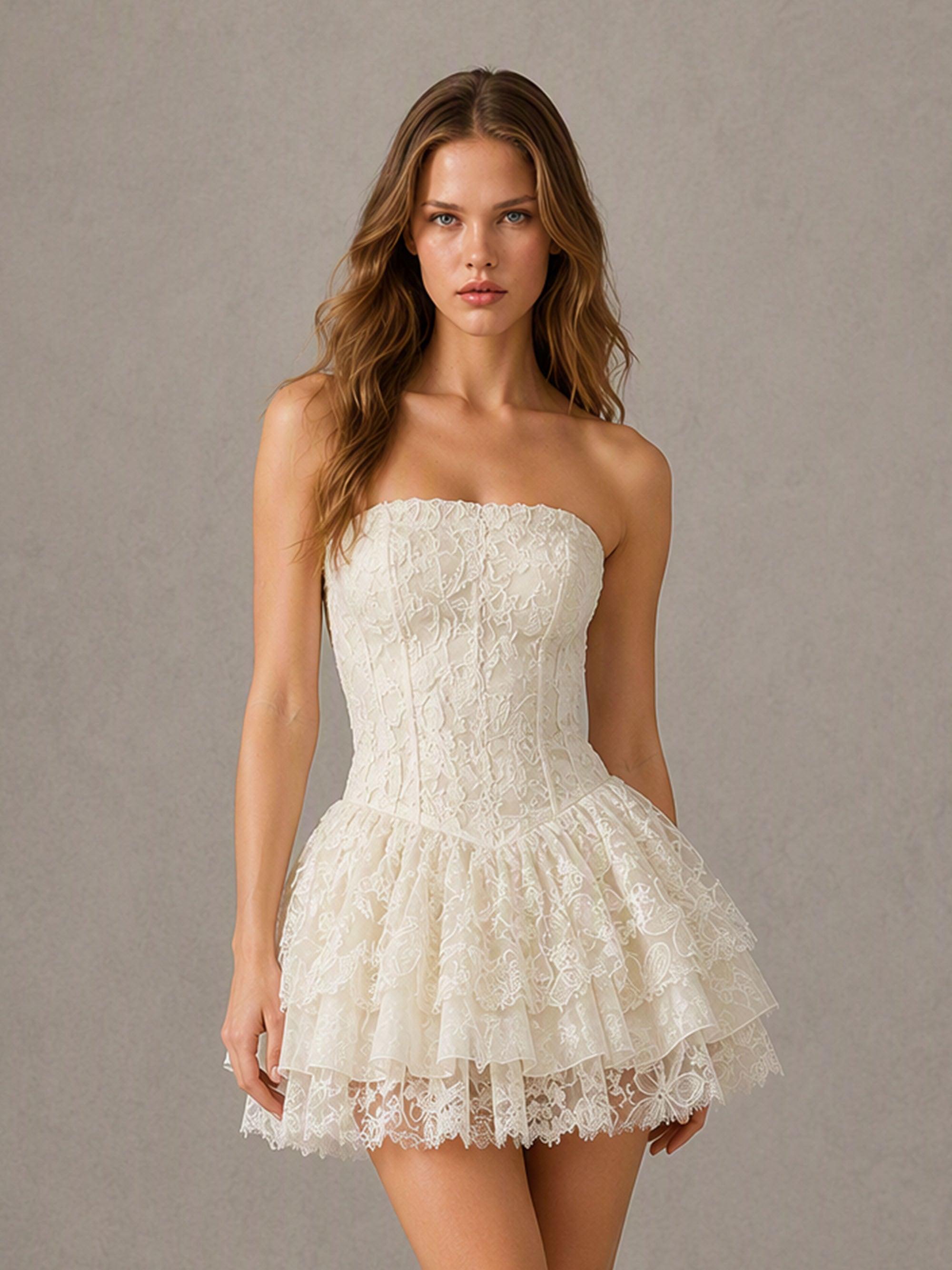 BOLODOO Ivory Lace Strapless Boned Corset Tiered Ruffle Open Back Mini Dress – Front View