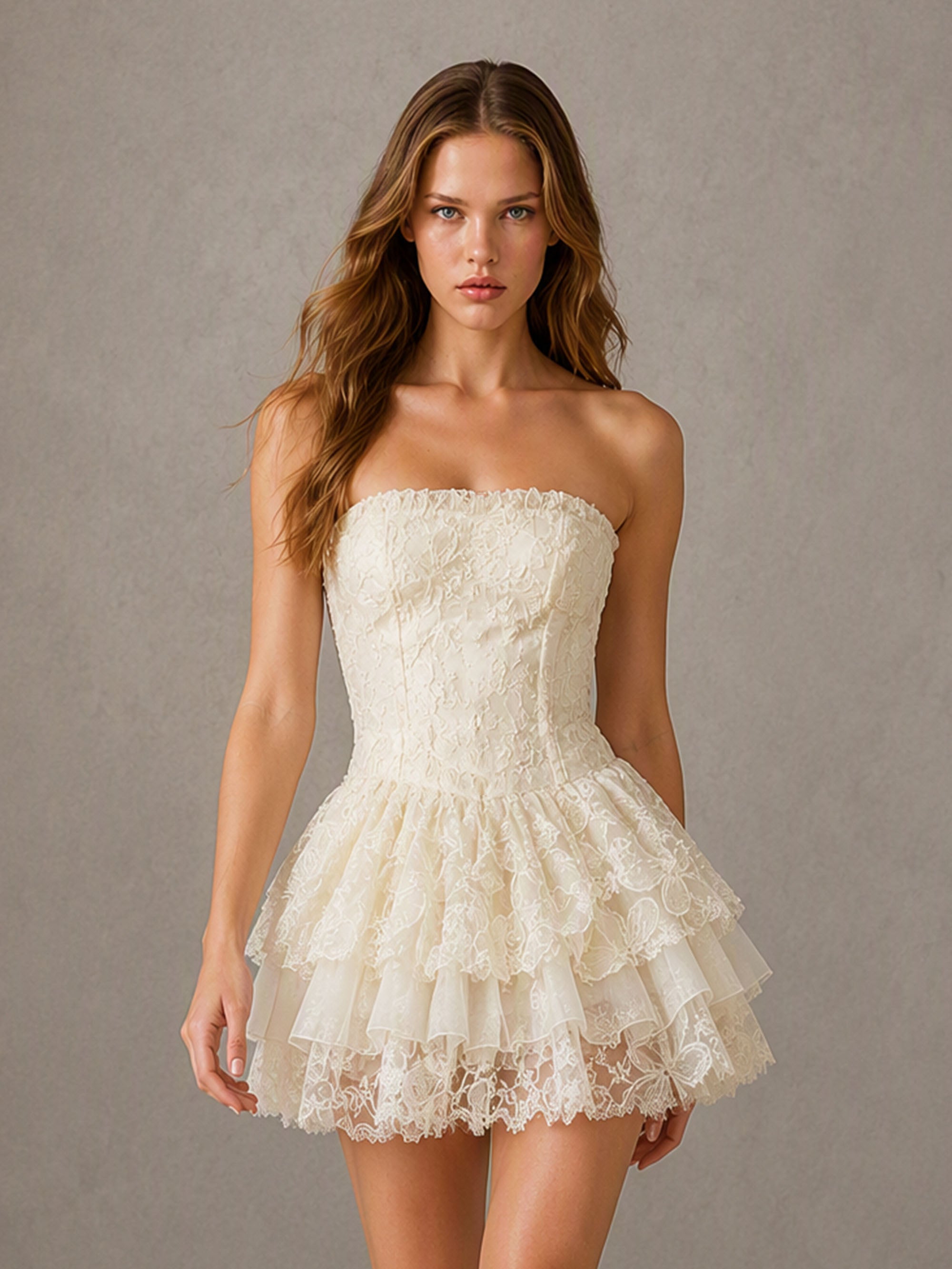BOLODOO Ivory Lace Strapless Boned Corset Tiered Ruffle Open Back Mini Dress – Side View