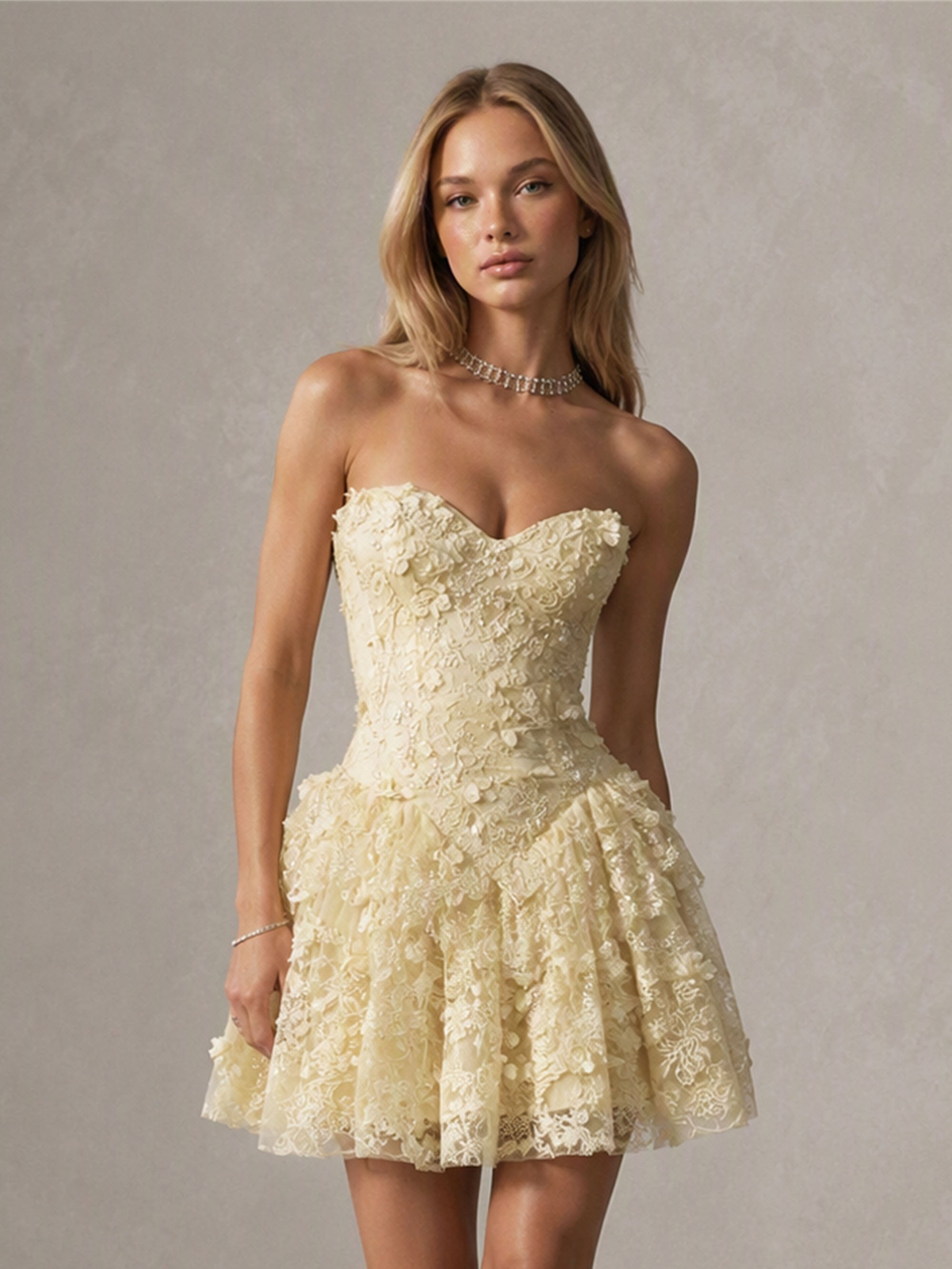 BOLODOO Yellow 3D Floral Appliqué Strapless Corset Sweetheart Lace-Up Back Mini Dress – Front View