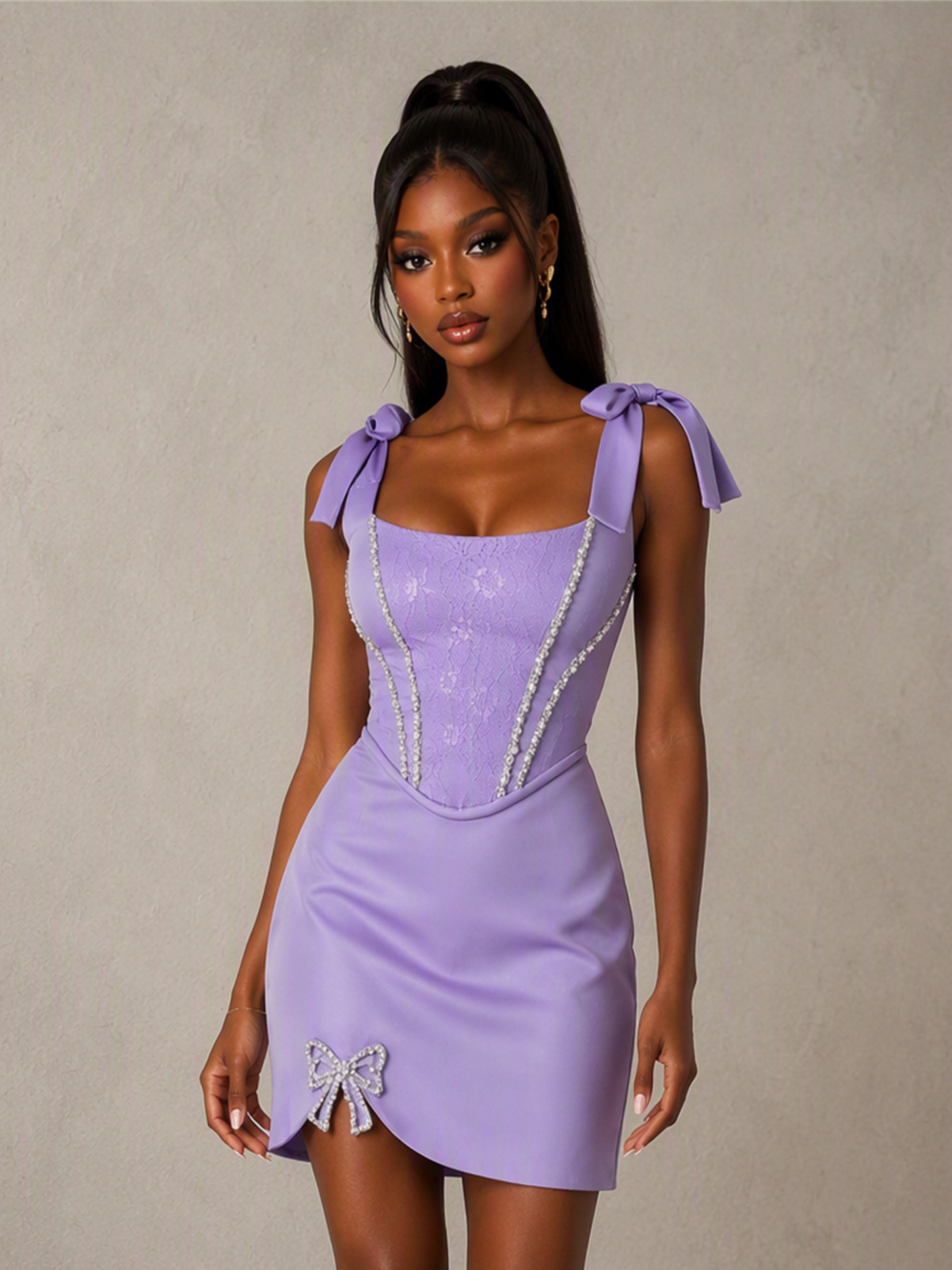 BOLODOO Lavender Rhinestone Corset Tie-Strap Mini Dress - Back View