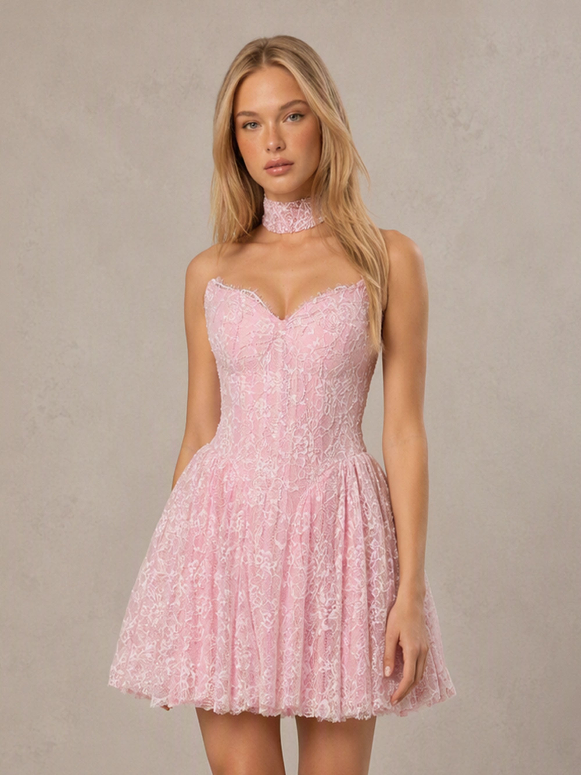 BOLODOO Pink Glitter Floral Lace Sweetheart Corset A-Line Mini Dress with Lace Choker - Front Side View