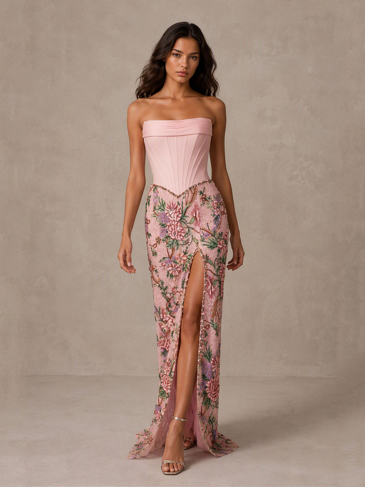 BOLODOO Blush Pink Strapless Satin Corset V-Waist Multicolor Floral Sequin Embroidery Mermaid Maxi Gown with High Slit & Open Back – Prom, Formal & Wedding Guest Dress 