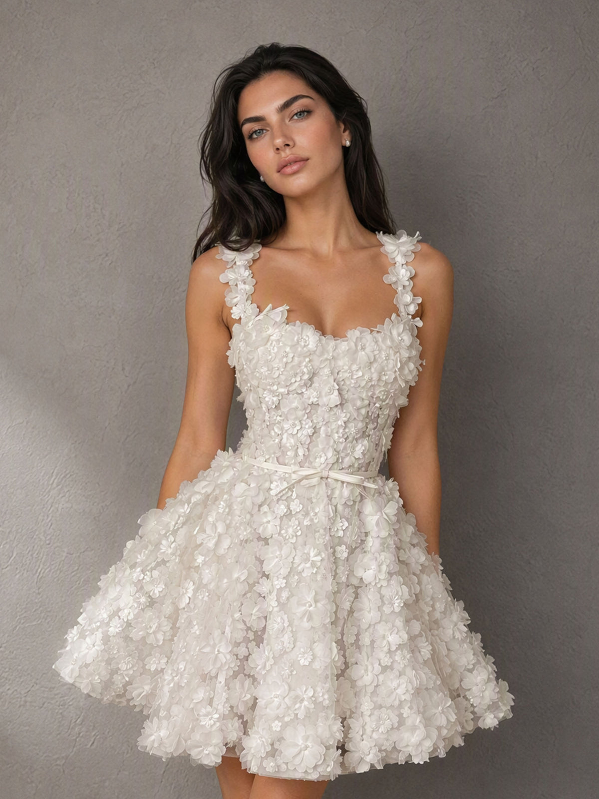 BOLODOO BD0565 white 3D floral appliqué sweetheart wide strap lace-up back mini dress - full length front view