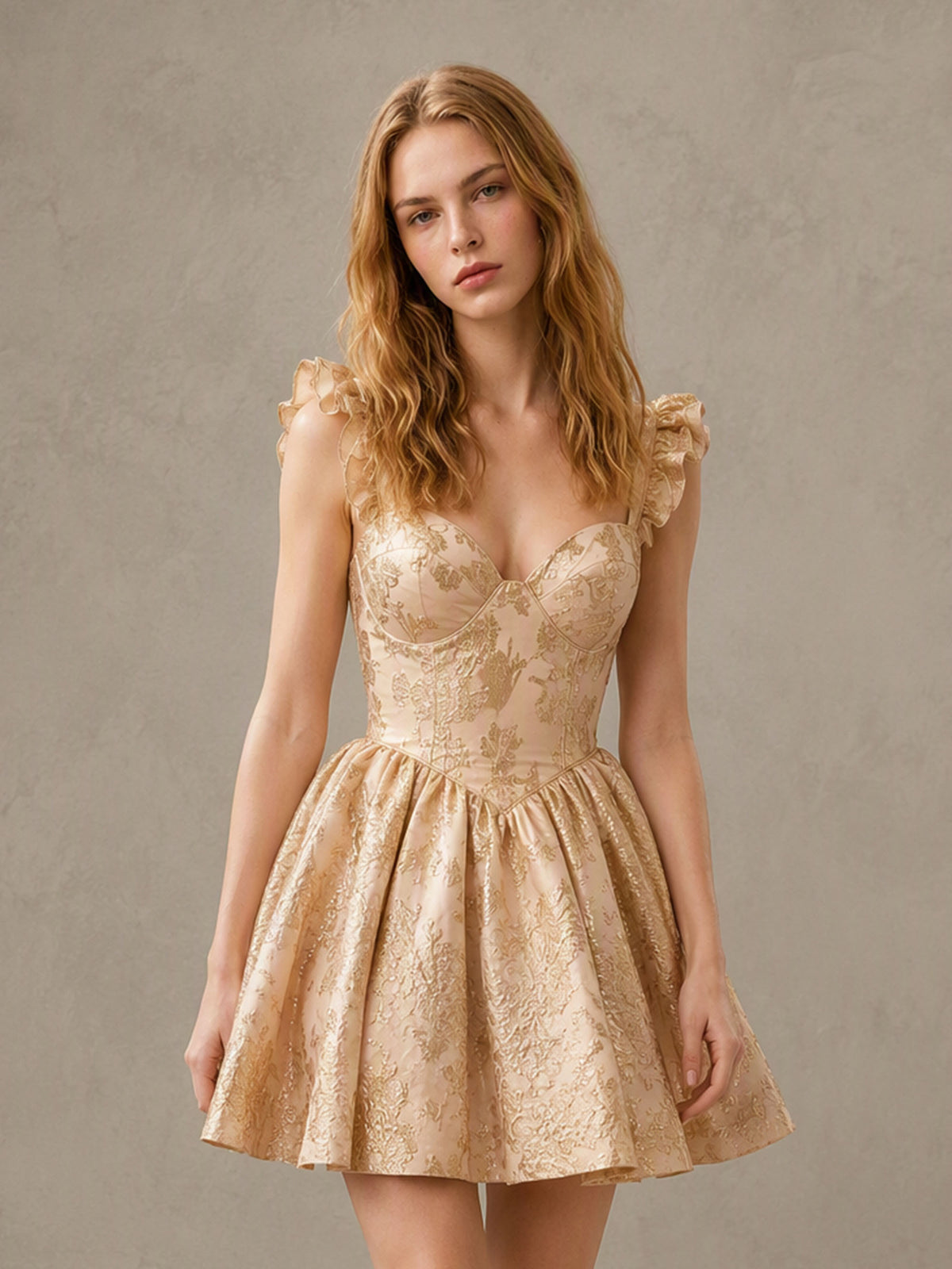 BOLODOO BD0567 gold jacquard ruffle strap mini dress - back view showing deep V open back and ruffle straps