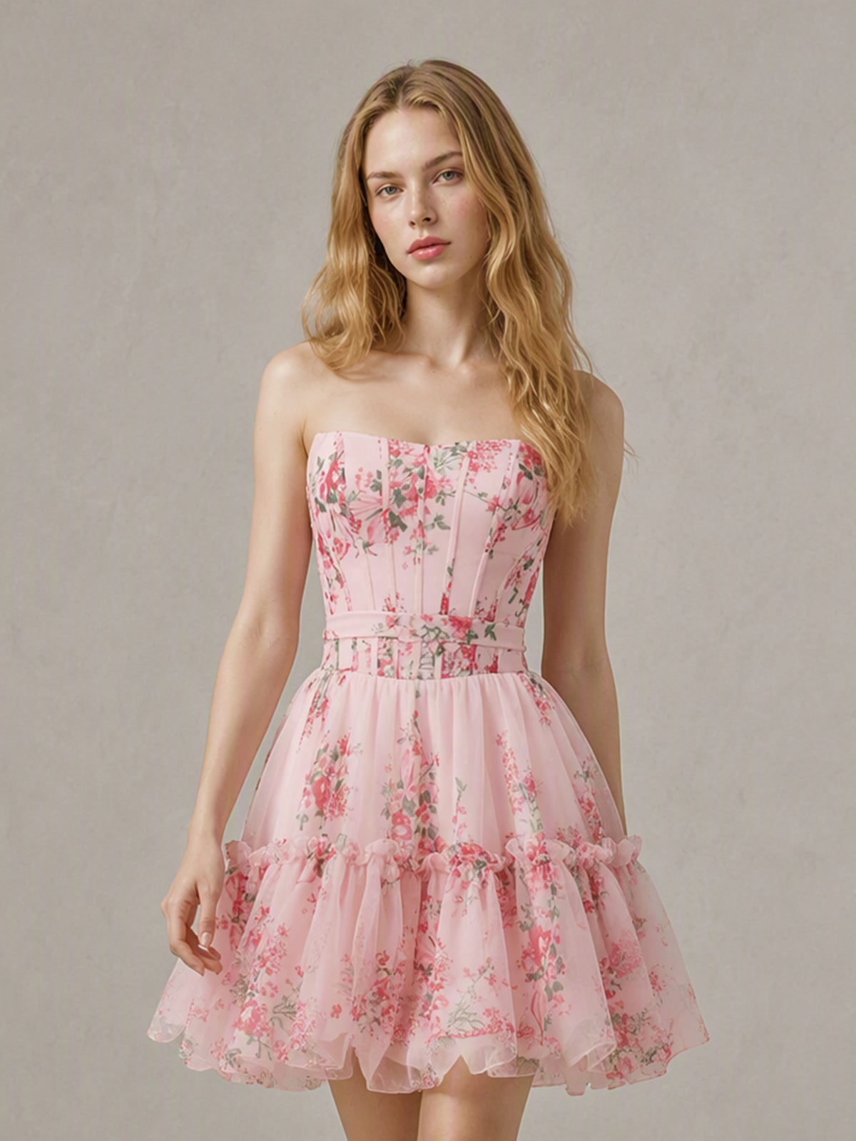 BOLODOO BD0569 pink floral organza corset strapless mini dress - front close-up view showing boned corset bodice and waist belt detail