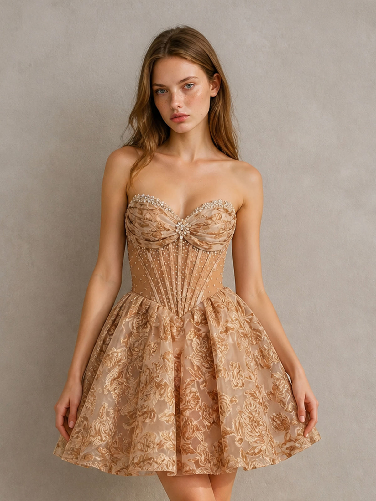 BOLODOO BD0570 champagne gold floral jacquard pearl corset strapless mini dress - back view showing lace-up open back corset detail and voluminous skirt