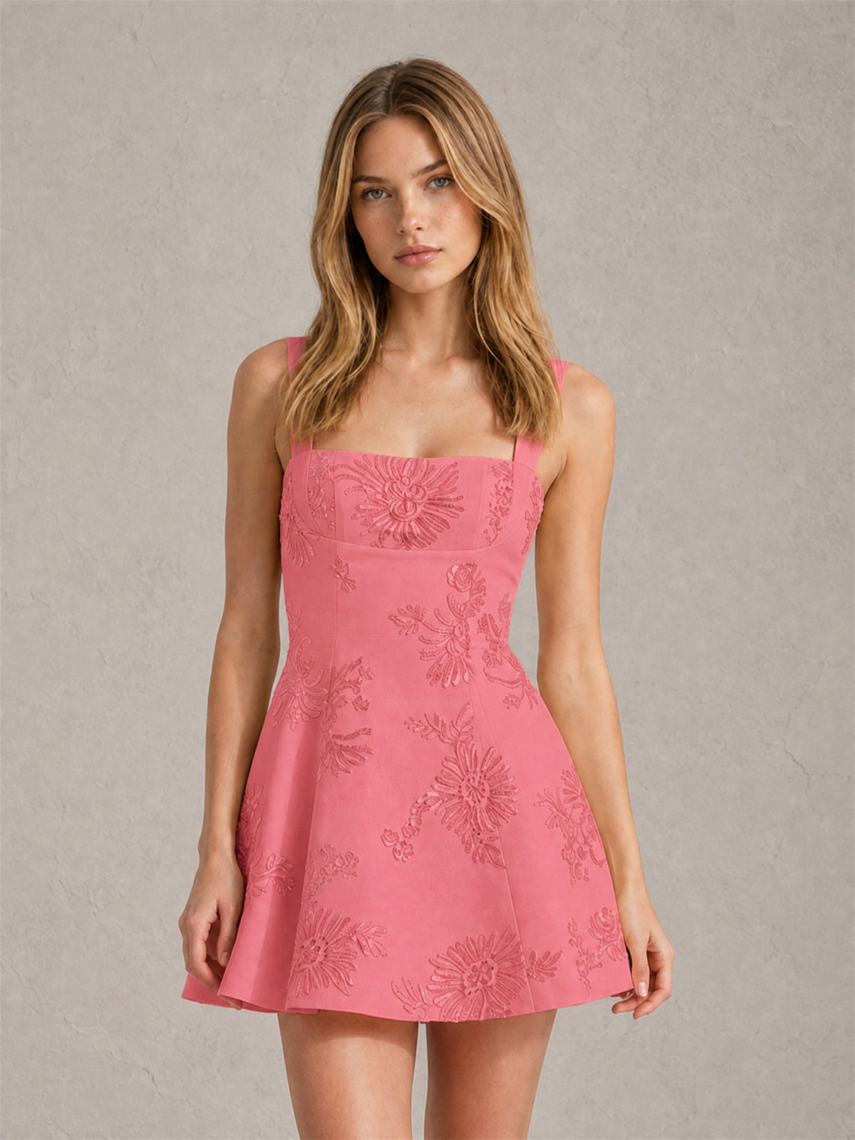 BOLODOO BD0574 Floral Jacquard Wide Strap A-Line Mini Dress with Square Neck & Bow-Tie Open Back - BD0574