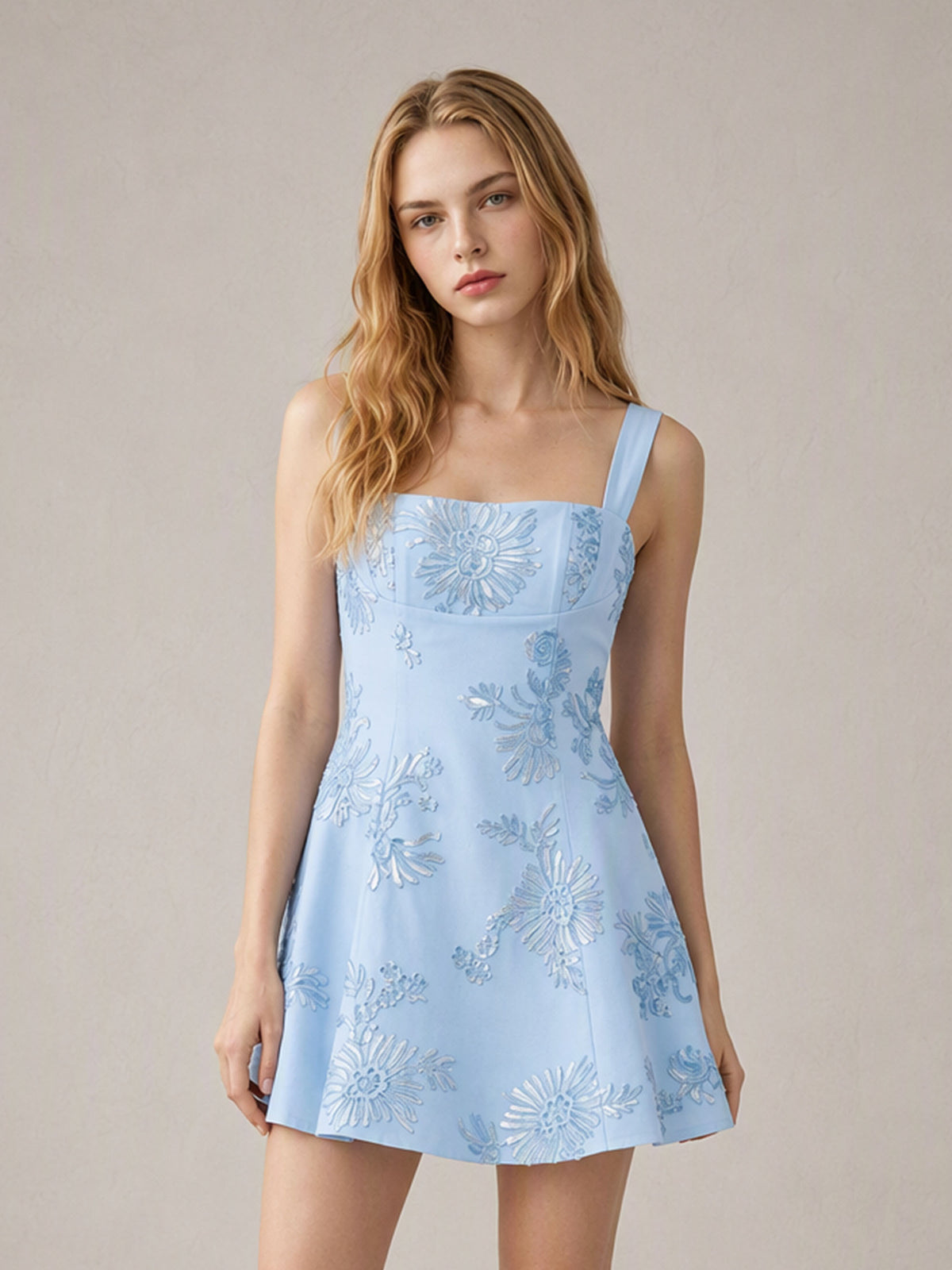 BOLODOO BD0574 light blue floral jacquard wide strap A-line mini dress - back view showing romantic bow-tie open back detail