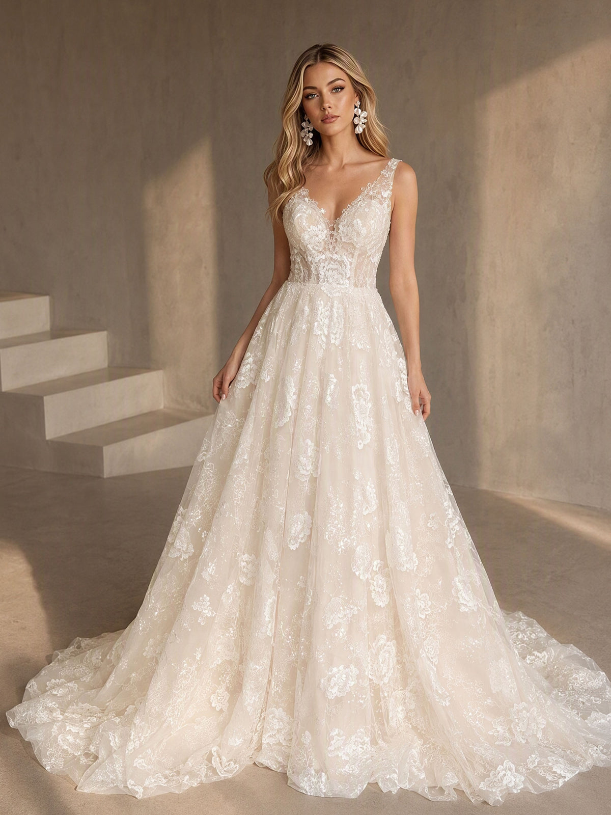BOLODOO BD0581 Ivory Glitter Tulle Lace A-Line Wedding Dress Deep V-Neck Open Back Cathedral Train - Front Full Length View