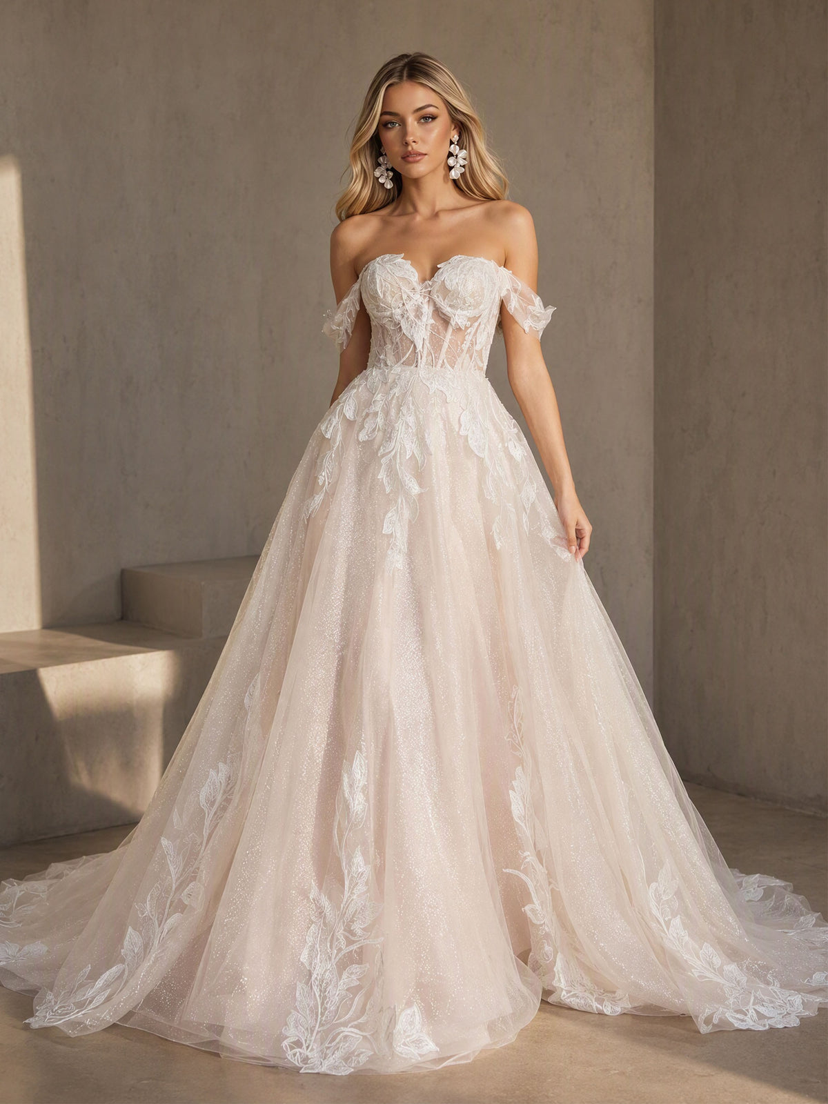 BOLODOO BD0582 Champagne Off-the-Shoulder Sweetheart Corset Wedding Dress - Front Full Length Ball Gown Volume View