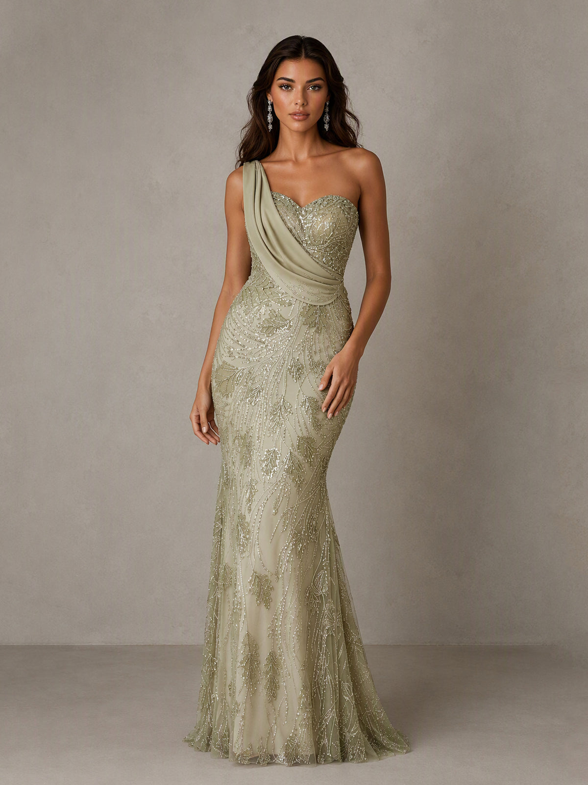 BOLODOO BD0584 Sage Green One-Shoulder Sweetheart Sequin Mermaid Gown - Side Three Quarter View