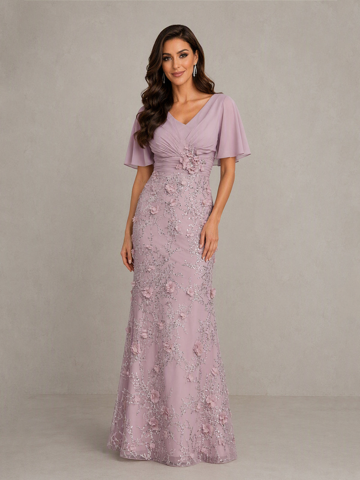 BOLODOO BD0585 Lavender V-Neck Flutter Sleeve 3D Floral Lace Sequin Mermaid Gown - Side Profile View