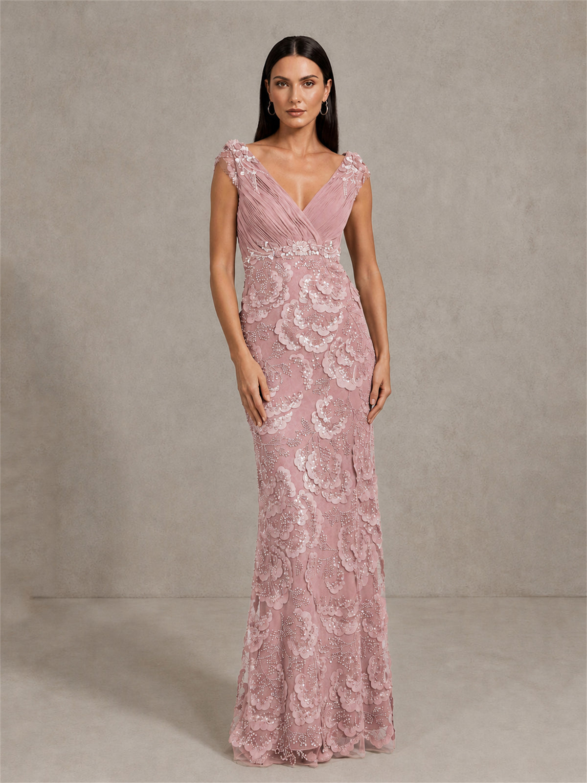 BOLODOO Dusty Rose Sequin Lace Mermaid Gown V-Neck Cap Sleeve Front View