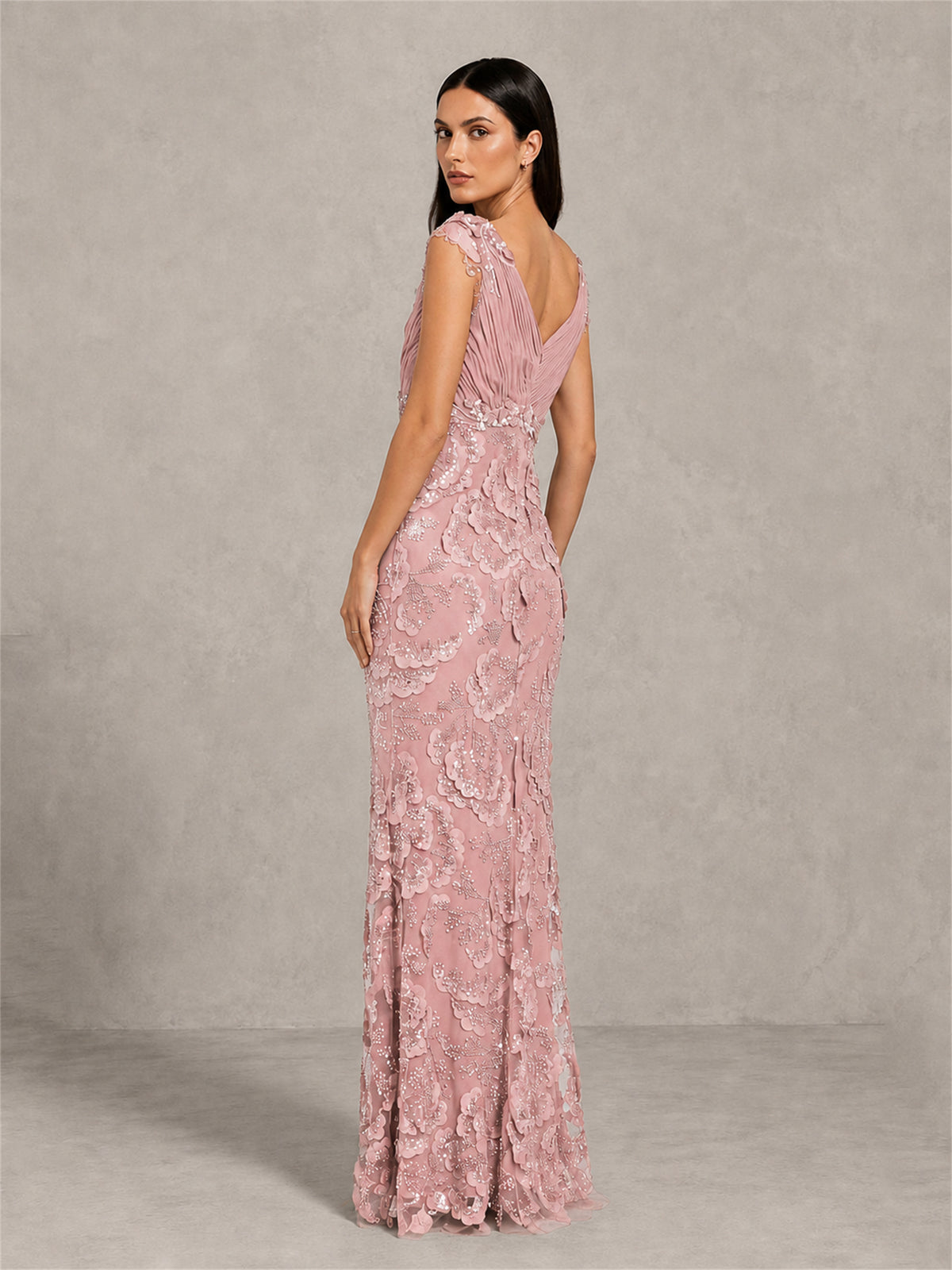 BOLODOO Dusty Rose Sequin Lace Mermaid Gown Full Length Side View