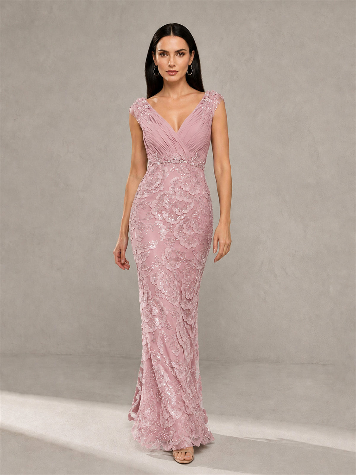 BOLODOO Dusty Rose Sequin Lace Mermaid Gown Open Back Detail