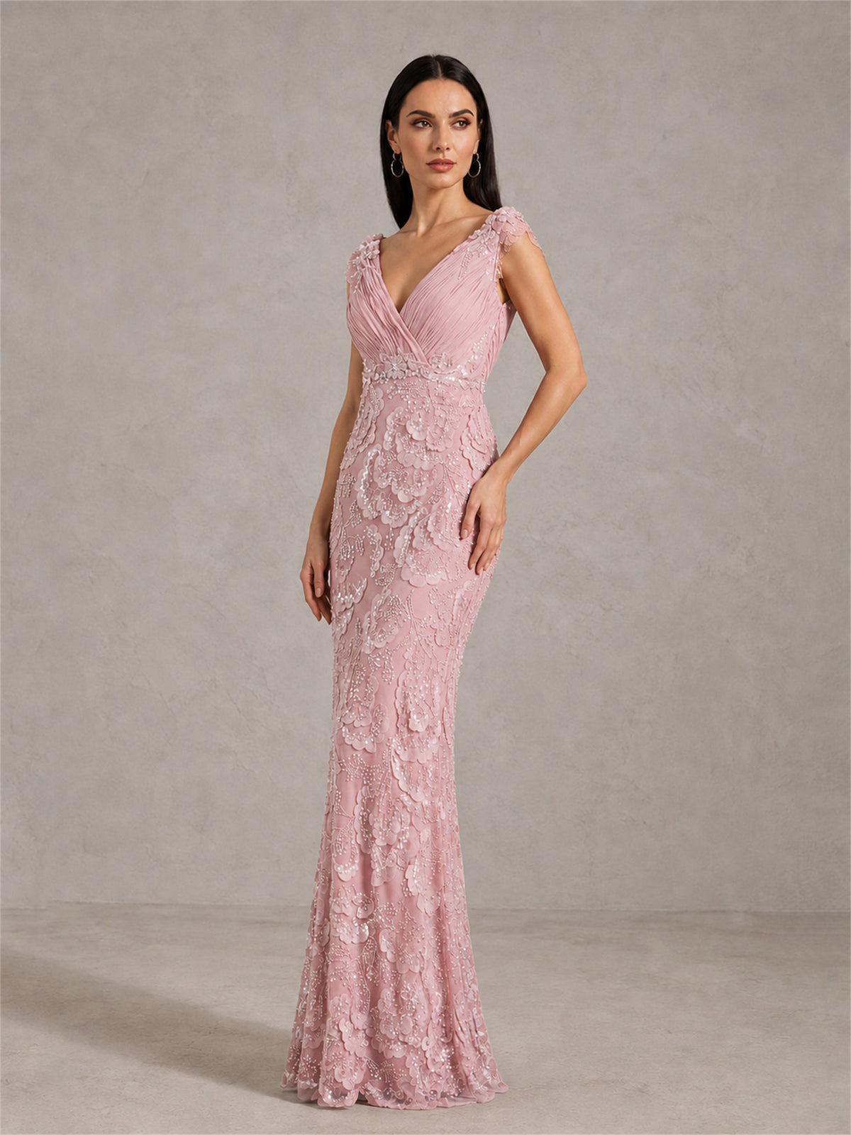 BOLODOO Dusty Rose Sequin Lace Mermaid Evening Gown Full Length Front
