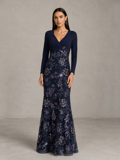 BOLODOO BD0587 Navy Blue Long Sleeve V-Neck Wrap Bodice Floral Sequin Mermaid Gown - Side Three Quarter View