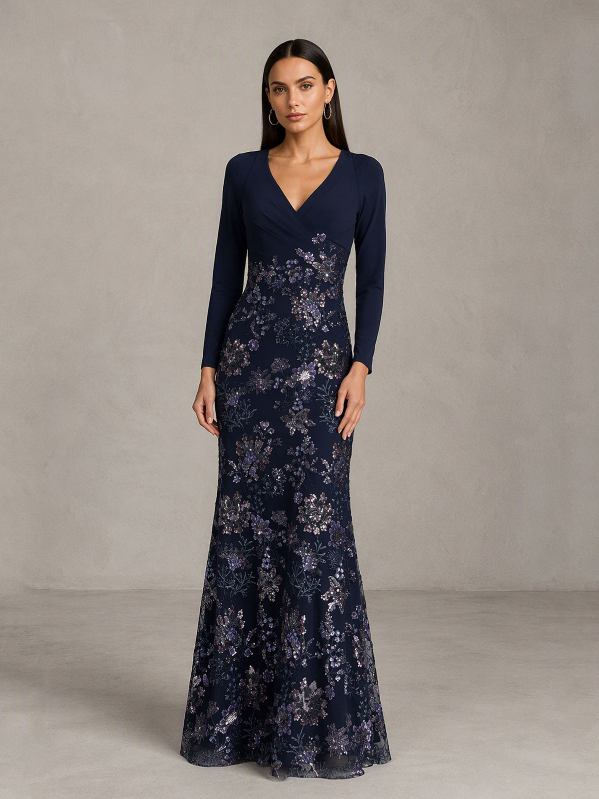 BOLODOO BD0587 Navy Blue Long Sleeve V-Neck Wrap Bodice Floral Sequin Mermaid Gown - Side Three Quarter View