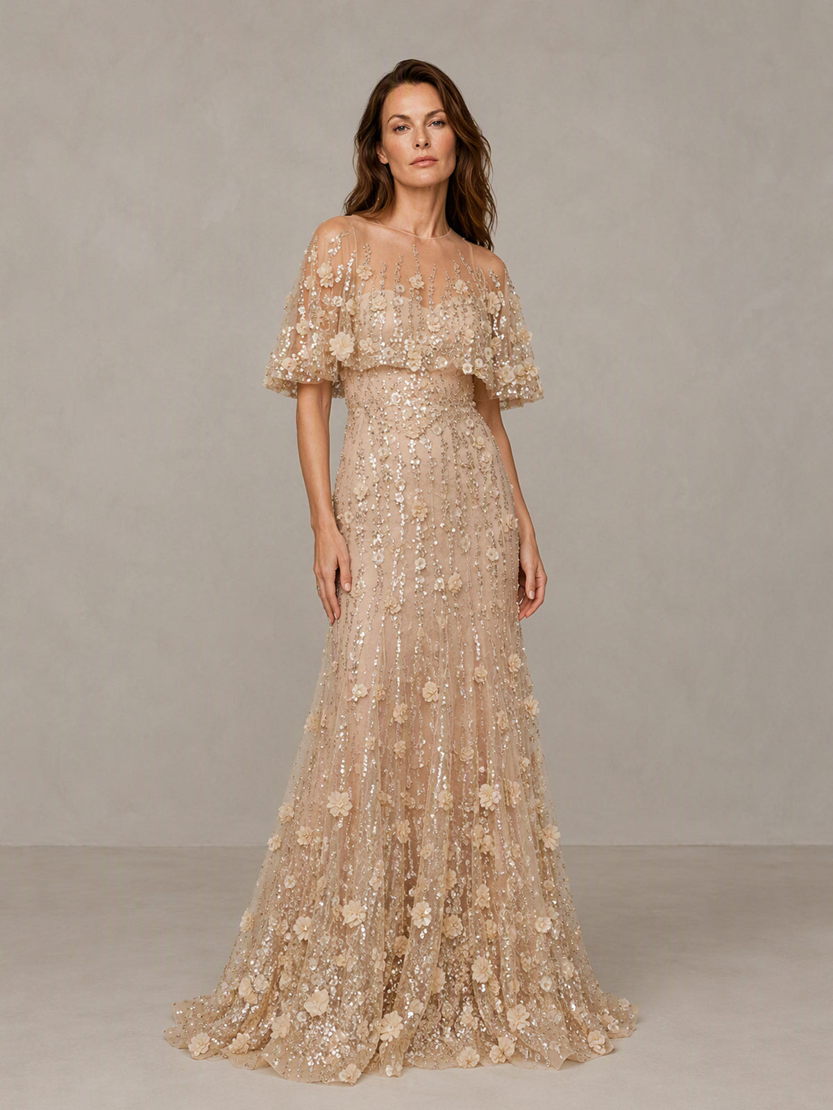 BOLODOO BD0588 Champagne Gold Illusion Neckline Flutter Cape Sleeve 3D Floral Lace Sequin Mermaid Gown - Front Full Length View