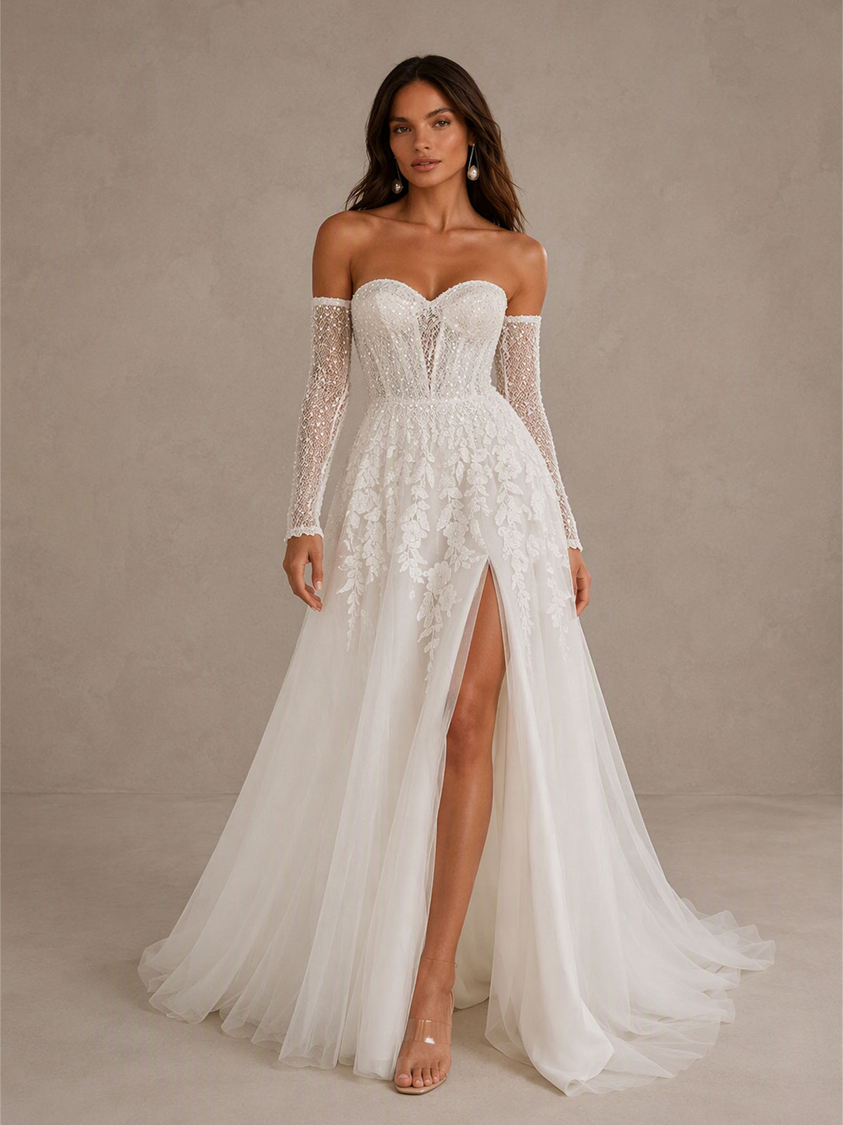 BOLODOO BD0589 Ivory Off-the-Shoulder Sweetheart Illusion Long Sleeve Corset Wedding Dress - Front Full Length Second Angle View