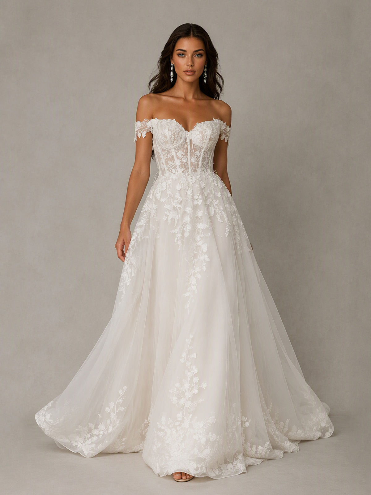 BOLODOO BD0591 Ivory Off-the-Shoulder Sweetheart Illusion Corset 3D Leaf Lace Tulle Ball Gown Wedding Dress - Low V Open Back Covered Button Cathedral Train View