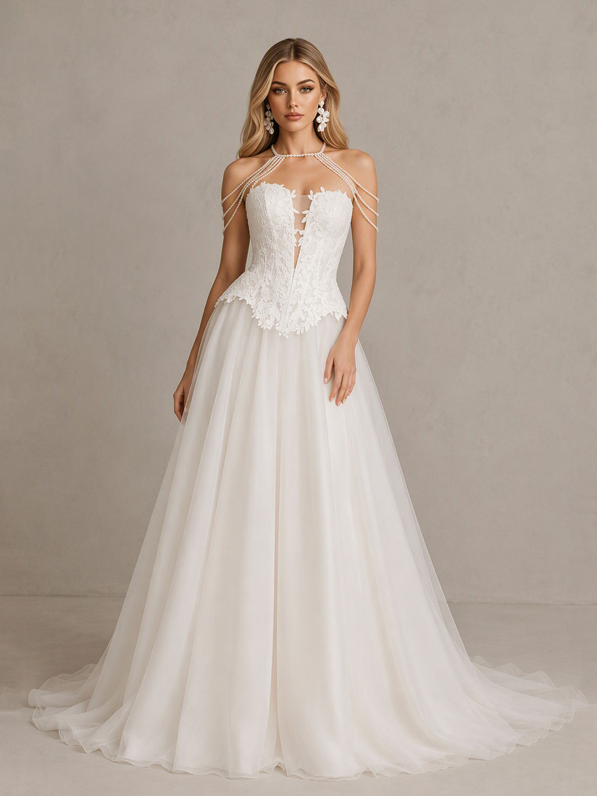 BOLODOO BD0592 Ivory Pearl Chain Illusion High Neck Corset Peplum Wedding Dress - Front Full Length Deep Plunge Corset View