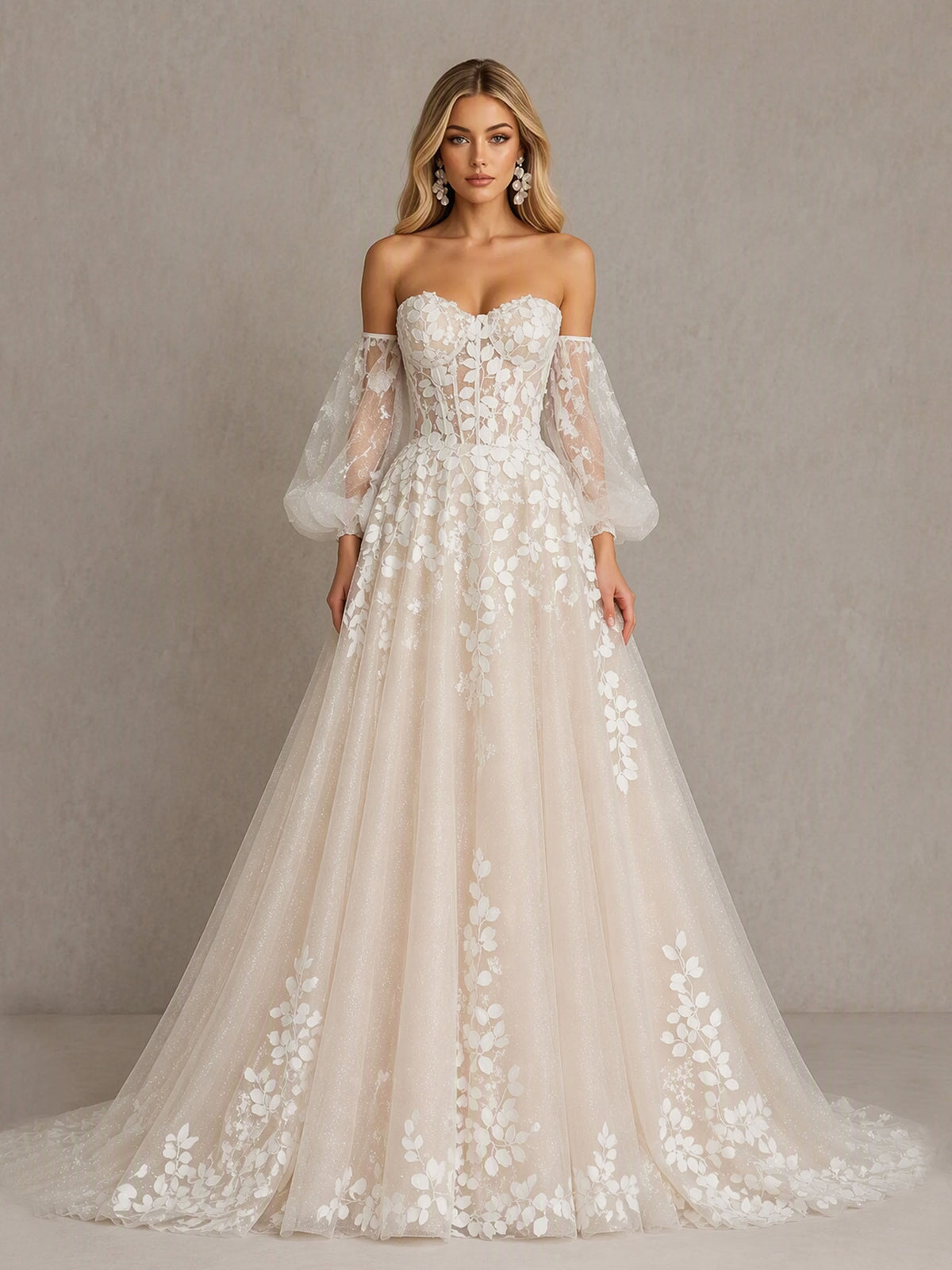 BOLODOO BD0593 Ivory Off-the-Shoulder Sweetheart Puff Long Sleeve Illusion Corset Wedding Dress Leaf Lace Tulle A-Line - Front Full Length View