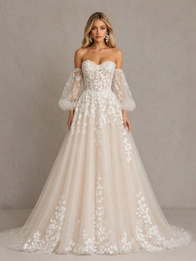 BOLODOO BD0593 Ivory Off-the-Shoulder Sweetheart Puff Long Sleeve Illusion Corset Wedding Dress Leaf Lace Tulle A-Line - Front Full Length View