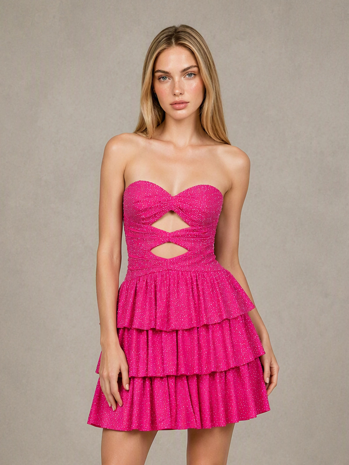 BOLODOO BD0594 Hot Pink Strapless Sweetheart Cutout Glitter Tiered Ruffle Mini Dress - Front Full Length Cutout Detail View