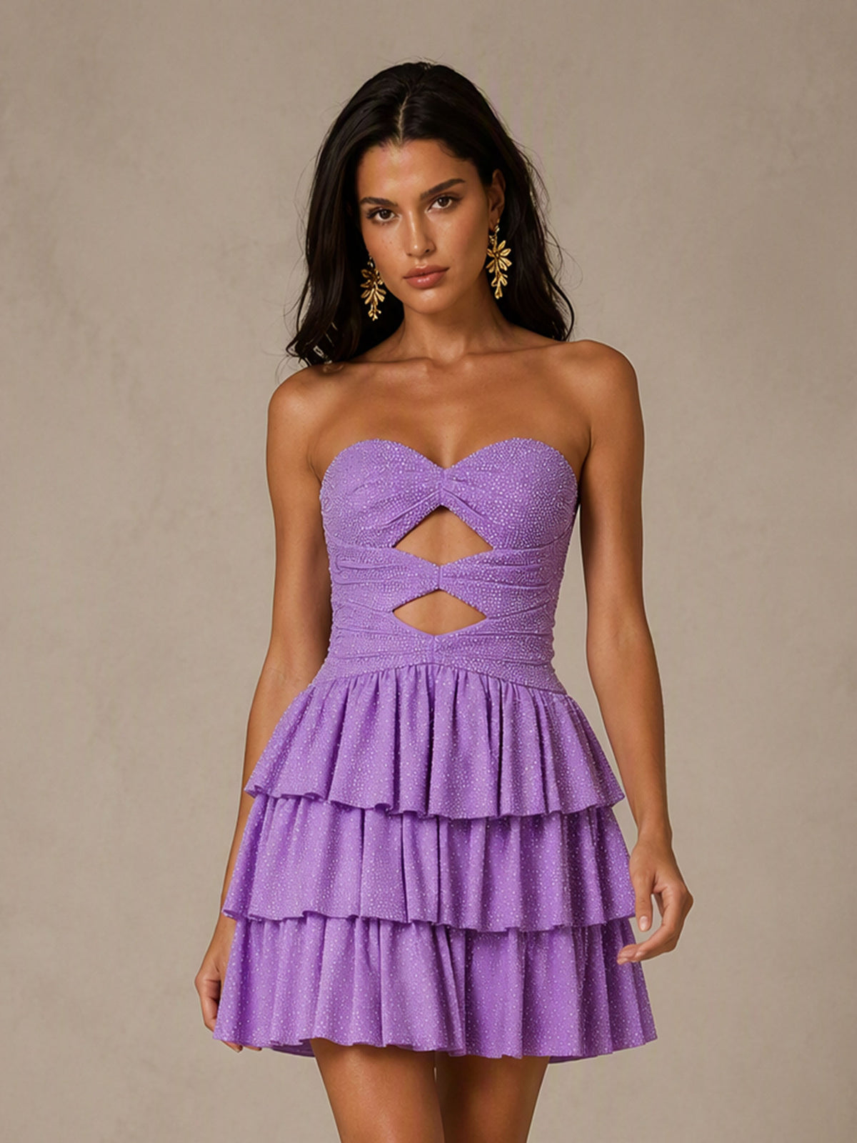 BOLODOO BD0594 Lavender Strapless Sweetheart Cutout Glitter Tiered Ruffle Mini Dress - Lace-Up Corset Back View