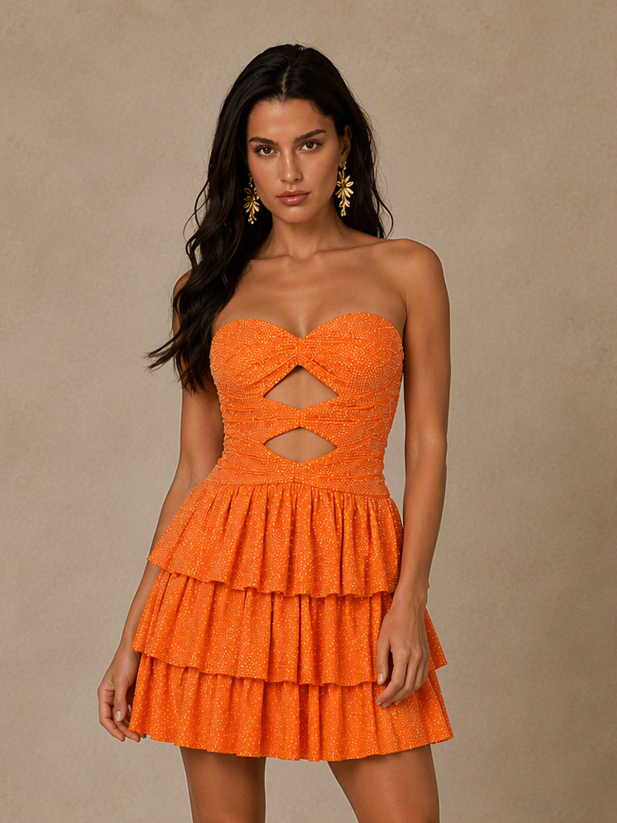 BOLODOO BD0594 Orange Strapless Sweetheart Cutout Glitter Tiered Ruffle Mini Dress - Front Full Length Third Angle View