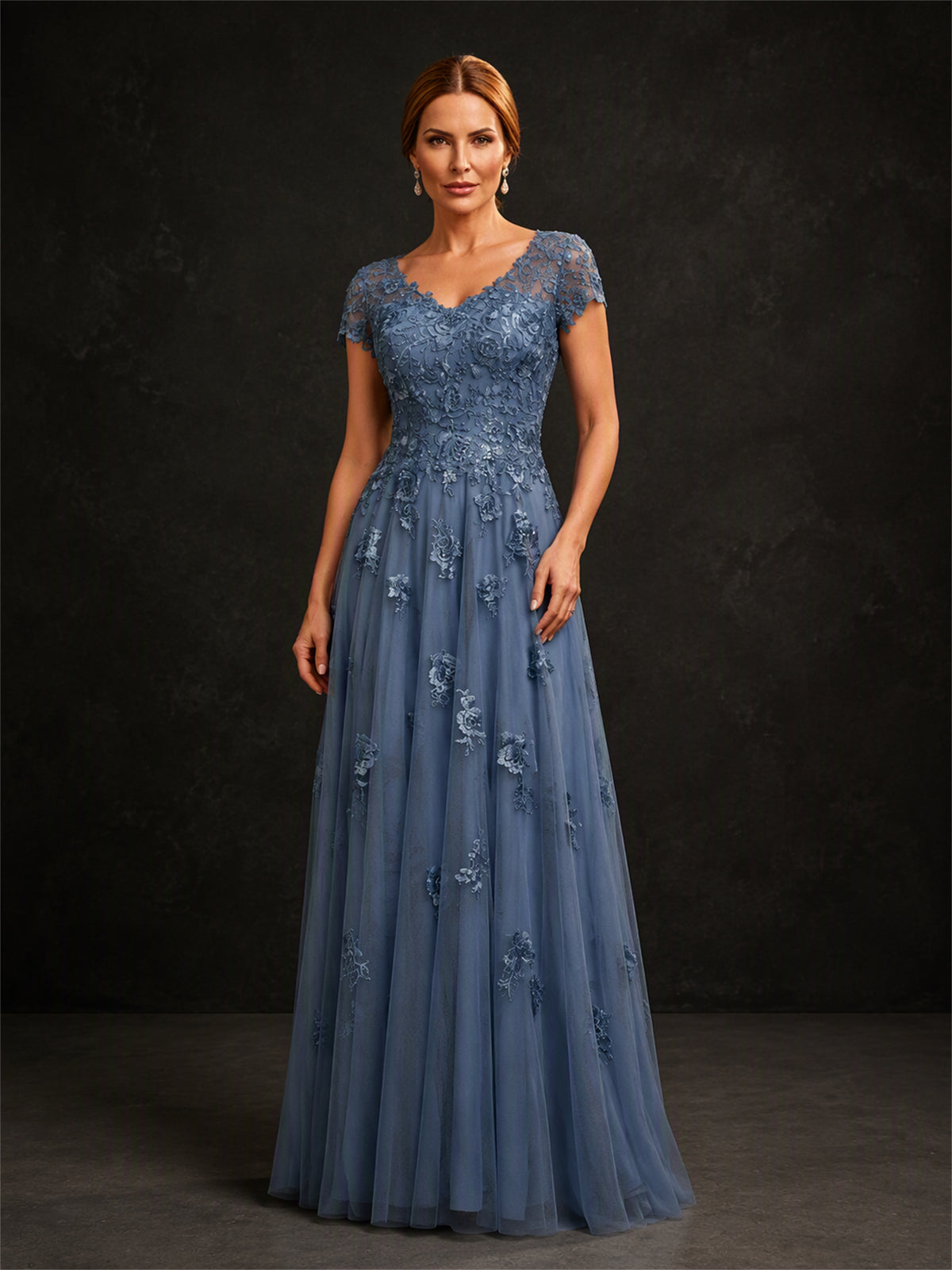 BOLODOO BX0001 dusty blue cap sleeve gown - back view showing illusion lace back panel and flowing tulle skirt