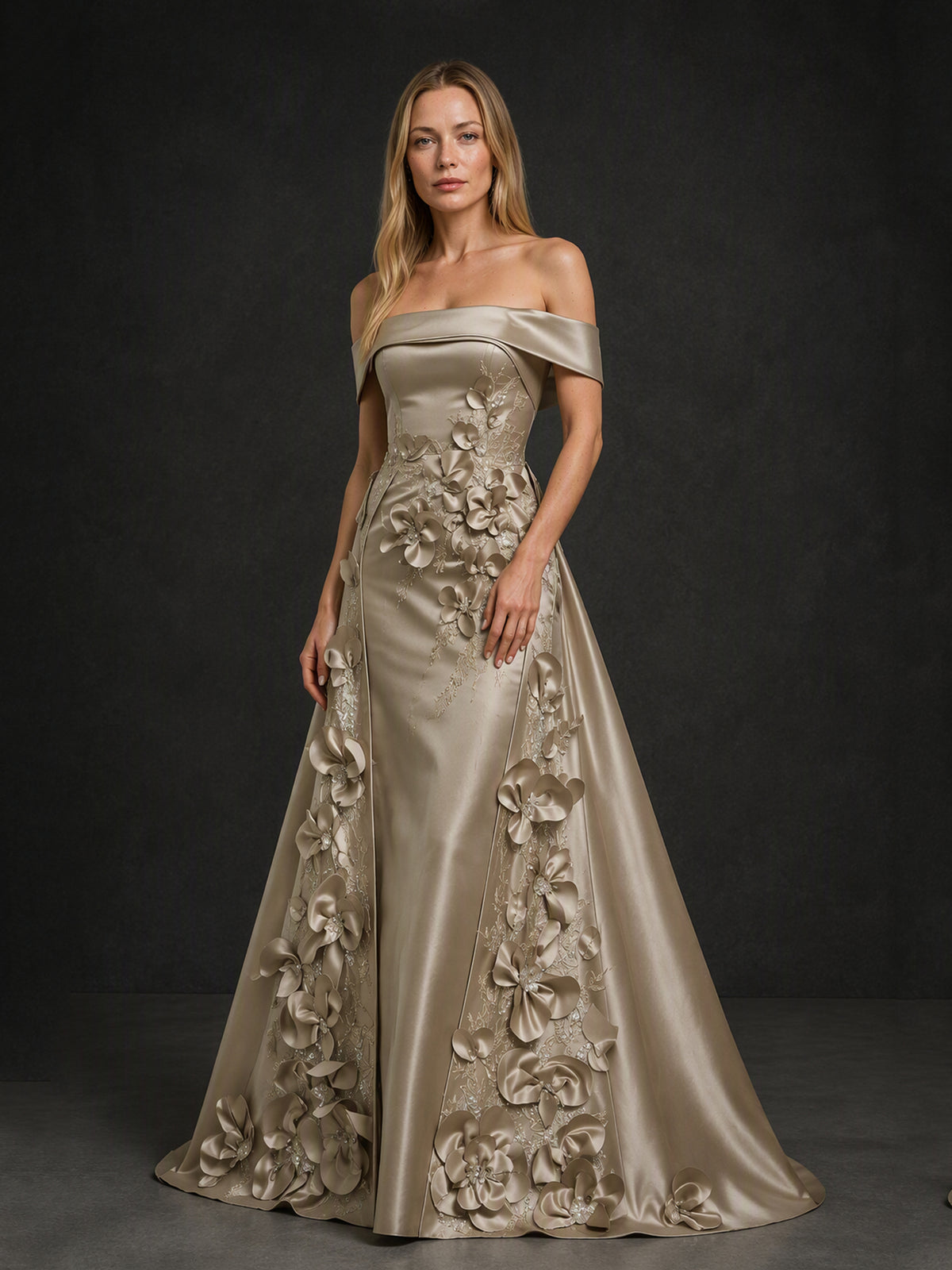 BOLODOO BX0002 champagne gold satin gown - back view showing open corset lace-up back and chapel train