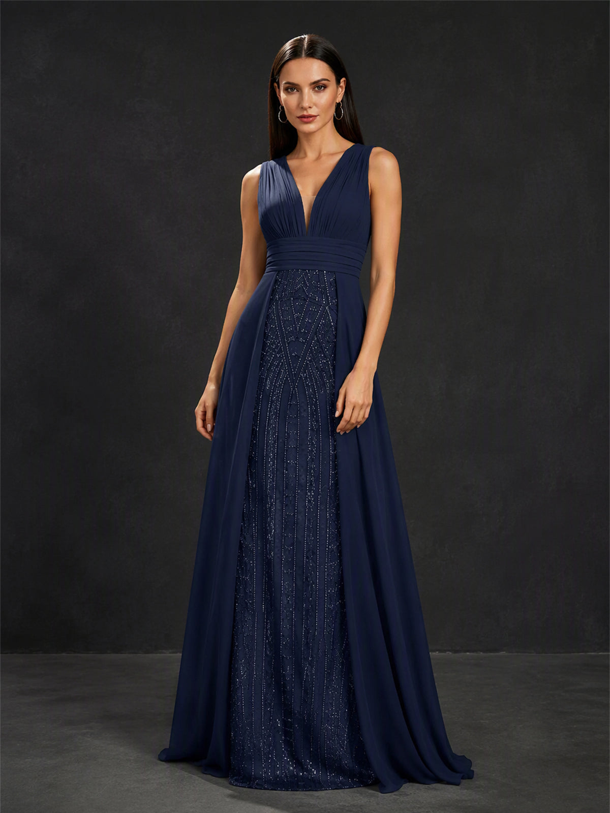BOLODOO BX0003 navy blue deep V-neck beaded chiffon A-line gown - full front view showing geometric beaded panel and ruched bodice