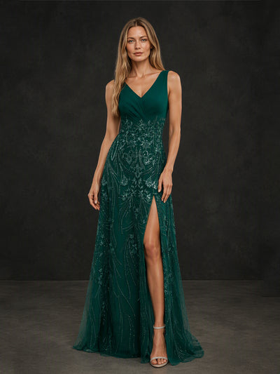 BOLODOO BX0004 emerald green V-neck beaded sequin tulle A-line gown - full front view showing botanical embroidery and front slit